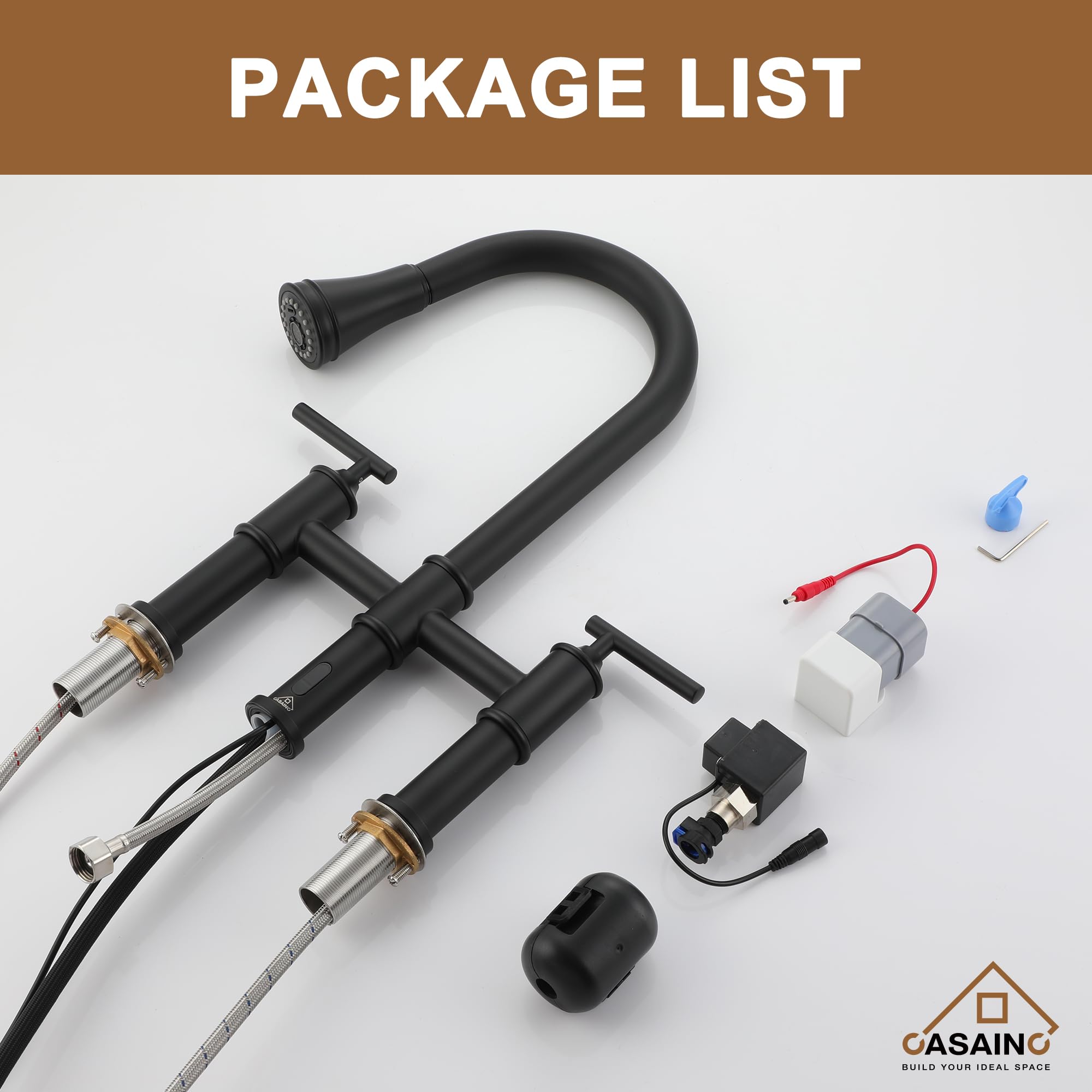 Casainc Bridge Kitchen Faucet, Motion Sensor Kitchen Faucet For Sink 1/3 Hole Matt Black Kitchen Sink Faucet, Doublehandle 8 Inch Centerset Bridge Faucet For Kitchen/Rv/Patio Sink Remodel