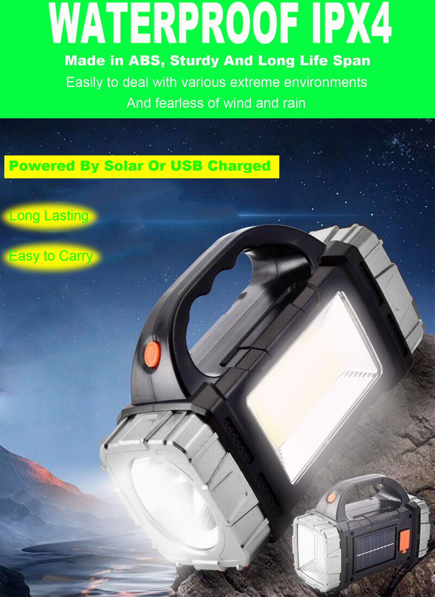 Suyooulin Solar Rechargeable Led Soptlight Flashlight, Super Bright 7000Lm Handheld Led Searchlight, Multifunctional Camping Lantern Light, 8 Light Modes, Waterproof Ipx4, Power Bank, For Emergency, Home