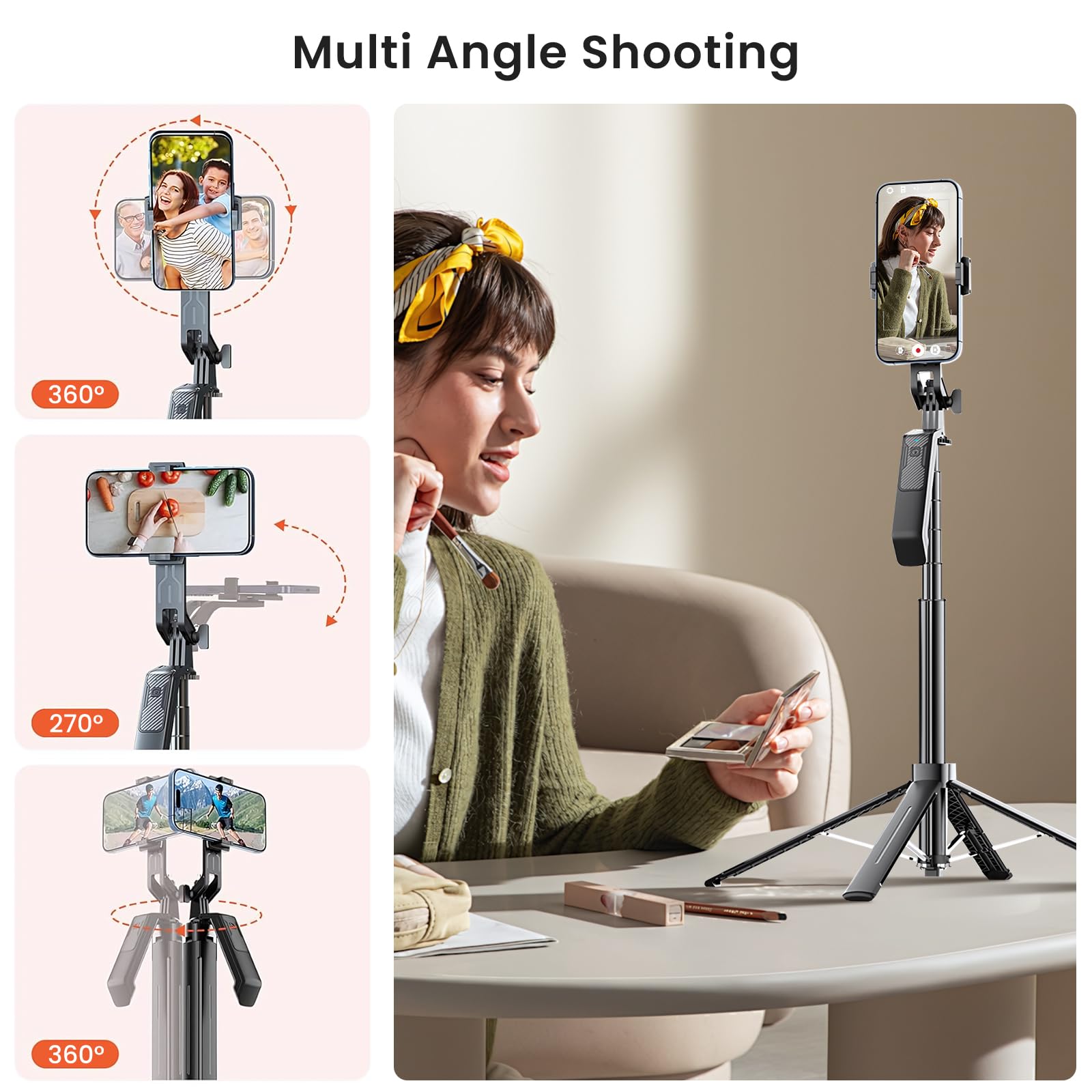 Linber 71" Selfie Stick Tripod With Wireless Remote & 2 Fill Lights, Tall Phone Tripod Stand With Quad-Leg Base, Aluminum Alloy White Stick For Iphone, Android, Gopro, Vlogging & Video