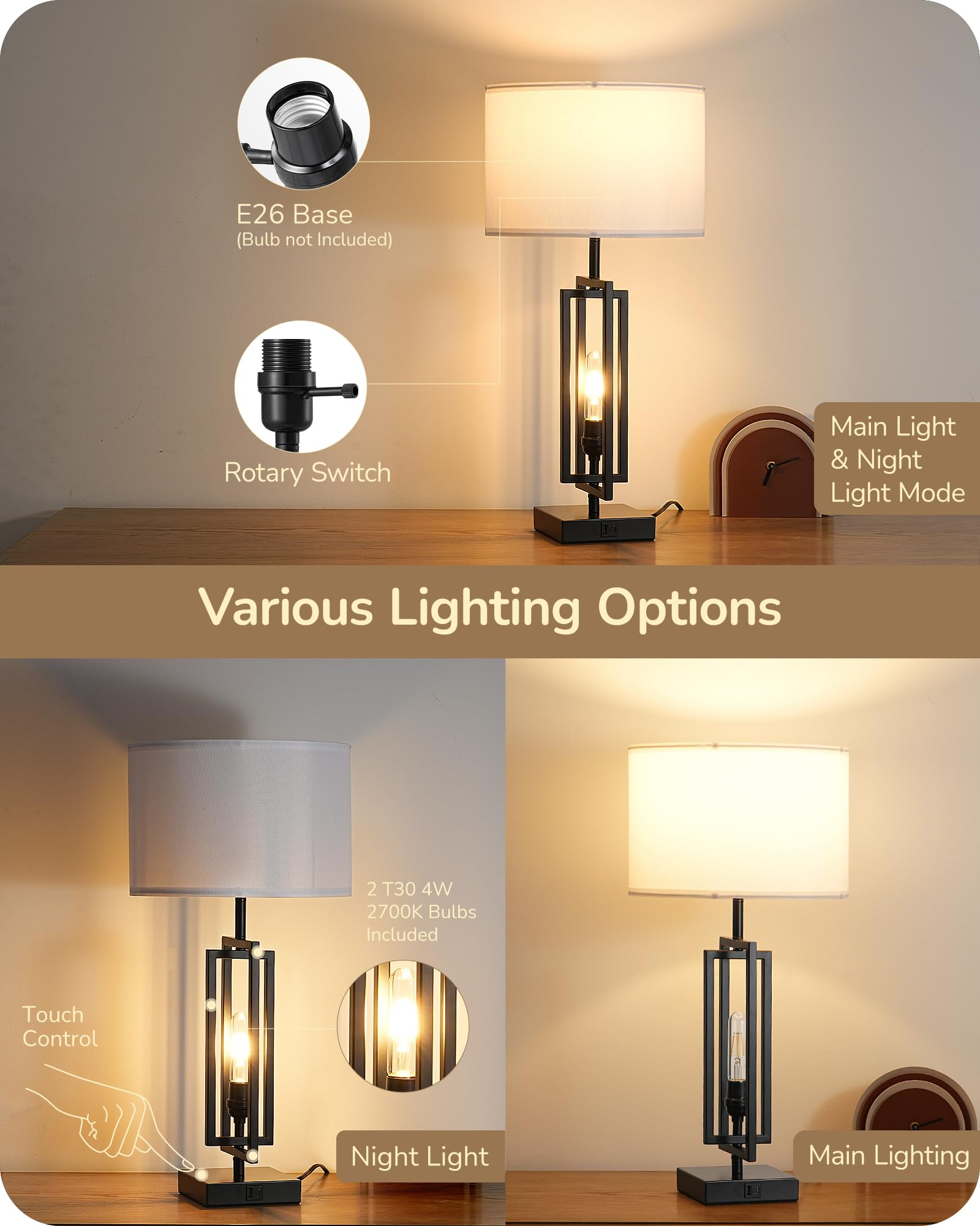 Edishine 25.6" Tall Table Lamp With Night Light, Farmhouse Bedside Lamp Set Of 2 With Usb Charging Ports, Touch 3-Way Dimmable Nightstand Lamp For Living Room, Bedroom, Home Decor