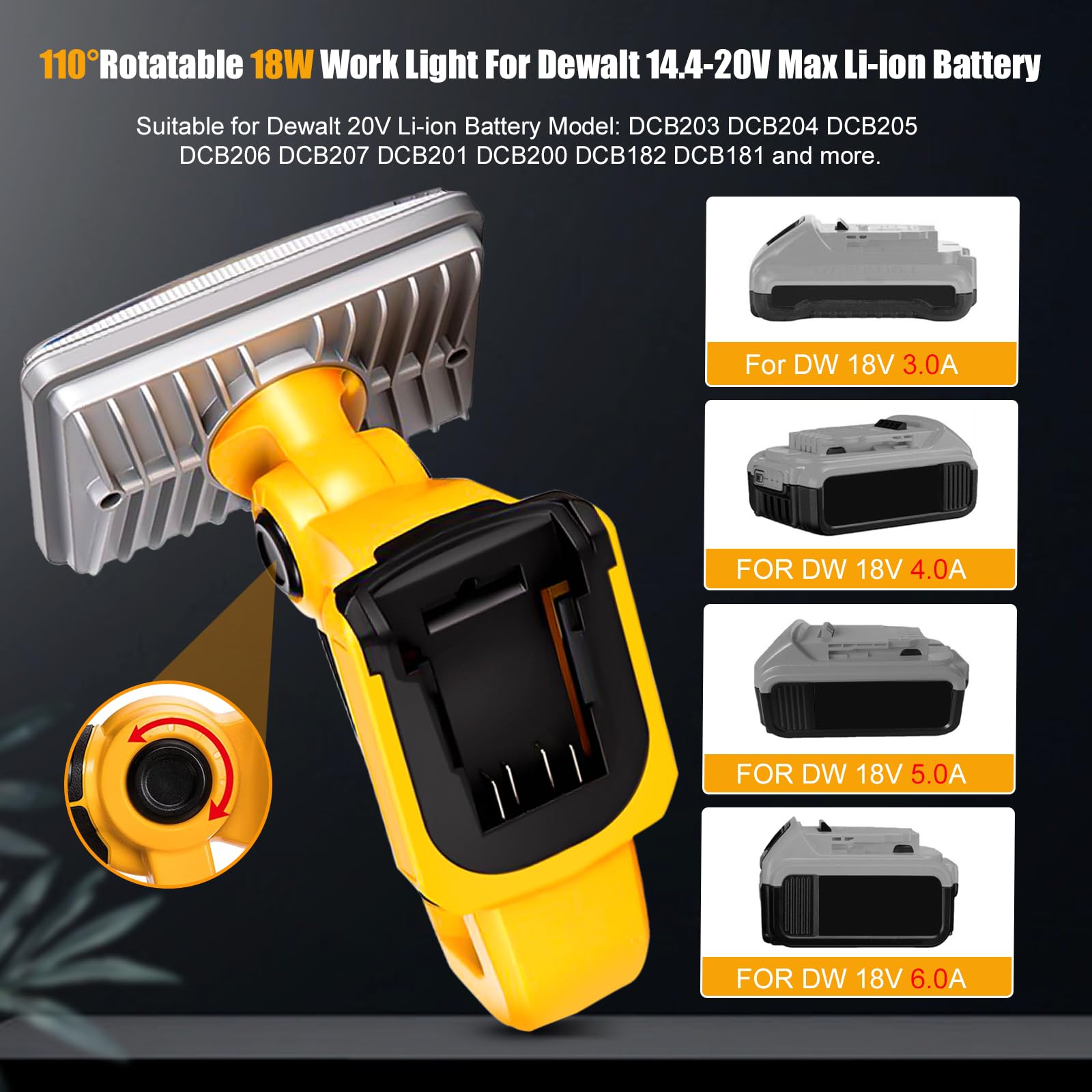 Rexlelxb Cordless Work Light Compatible With Dewalt 20V Max Battery, 18W 2000Lm Outdoor Led Light With 90°Rotating/Usb Port/Low Voltage Protection/5" Zinc Alloy Heat Dissipation Lamp Head (No Battery)