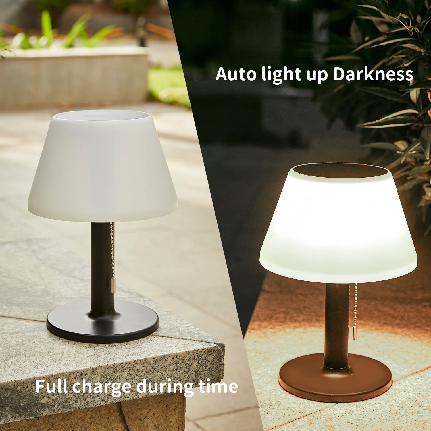 Shumi Led Solar Table Lamp Outdoor Waterproof-3 Way Dimmable Outside Patio Table Lamp,Modern Bedsid Lamp,Cordless Solar Desk Lamp With Pull Chain For Bedroom Living Room,Garden(Black)