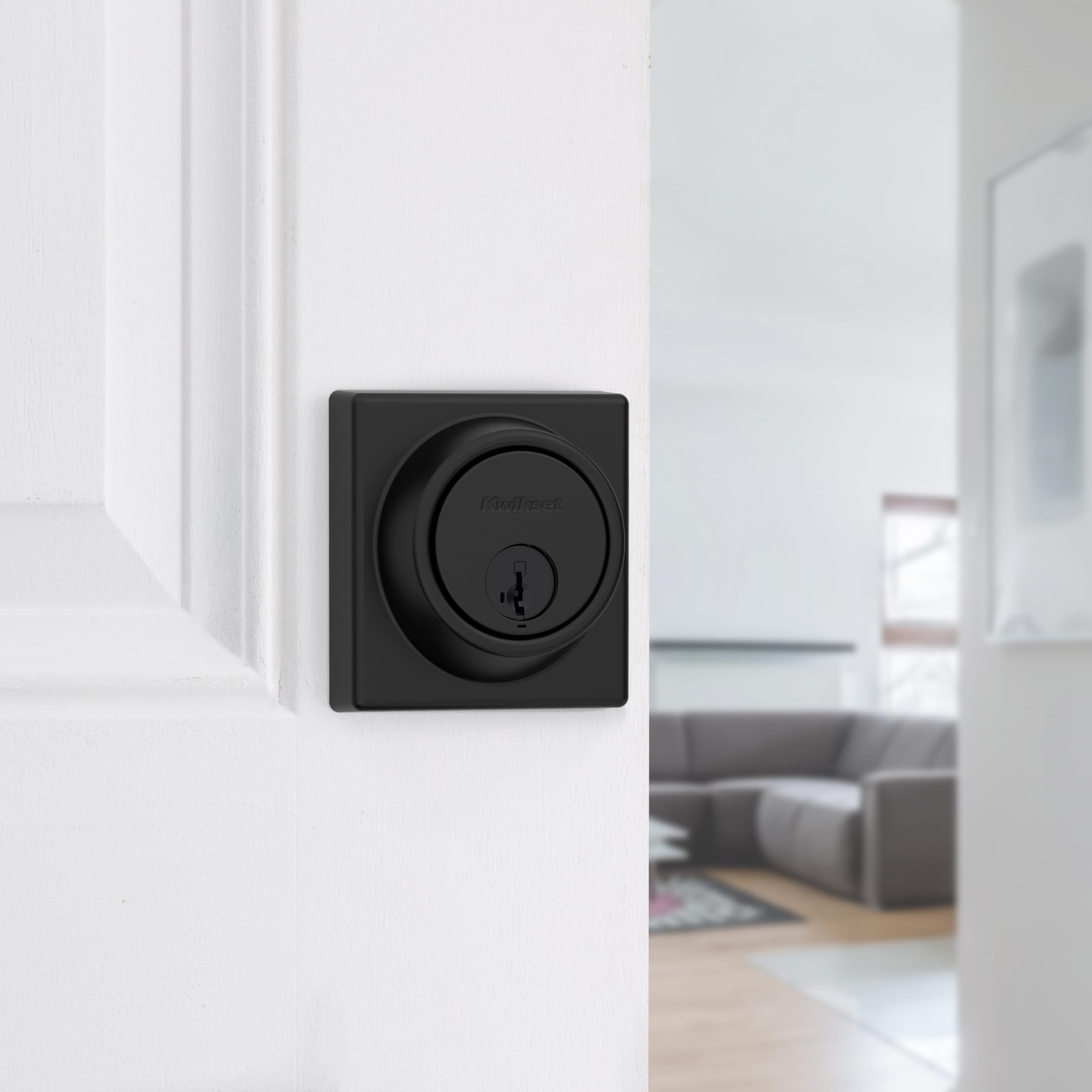 Kwikset 817 Deadbolt Lock, Matte Black Square Exterior Keyed Front Entry Door, Pick Resistant Smartkey Rekey Security, Single Cylinder Dead Bolt, With Microban Protection