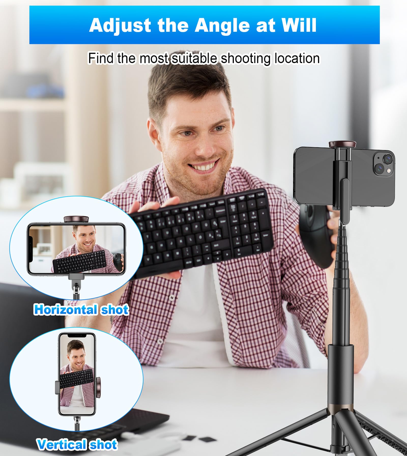 Toneof 67" Cell Phone Selfie Stick Tripod,Smartphone Stand All-In-1 With Integrated Wireless Remote,Portable,Lightweight,Extendable For Iphone/Android(Black)