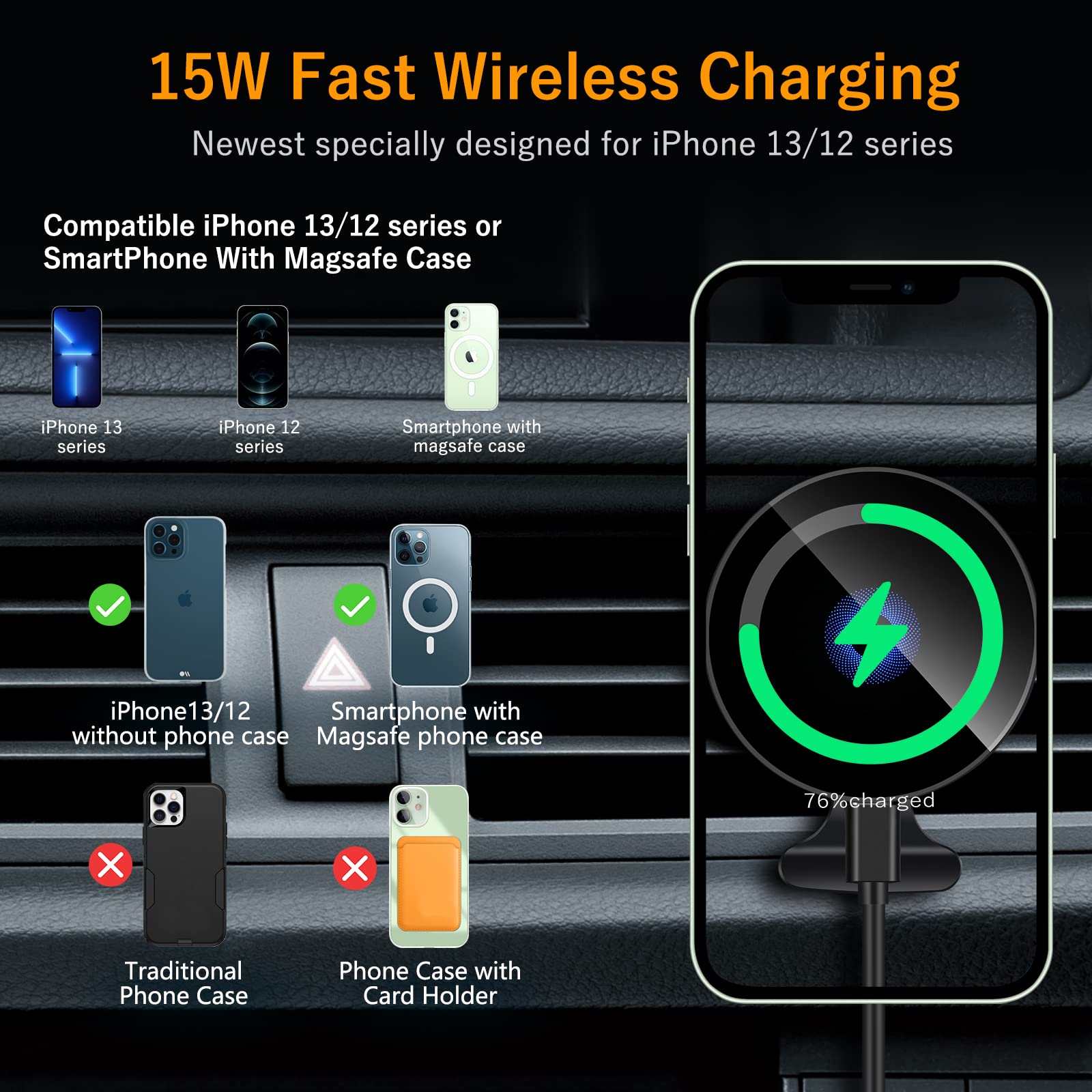 Piosoo 15W Magnetic Wireless Car Charger Cd Slot Mount For Iphone 13/13 Pro/13 Pro Max/13 Mini/12/12 Pro/12 Pro Max,Powerful Suction Auto-Alignment Mag-Safe Car Mount, Compatible With Mag-Safe Cases