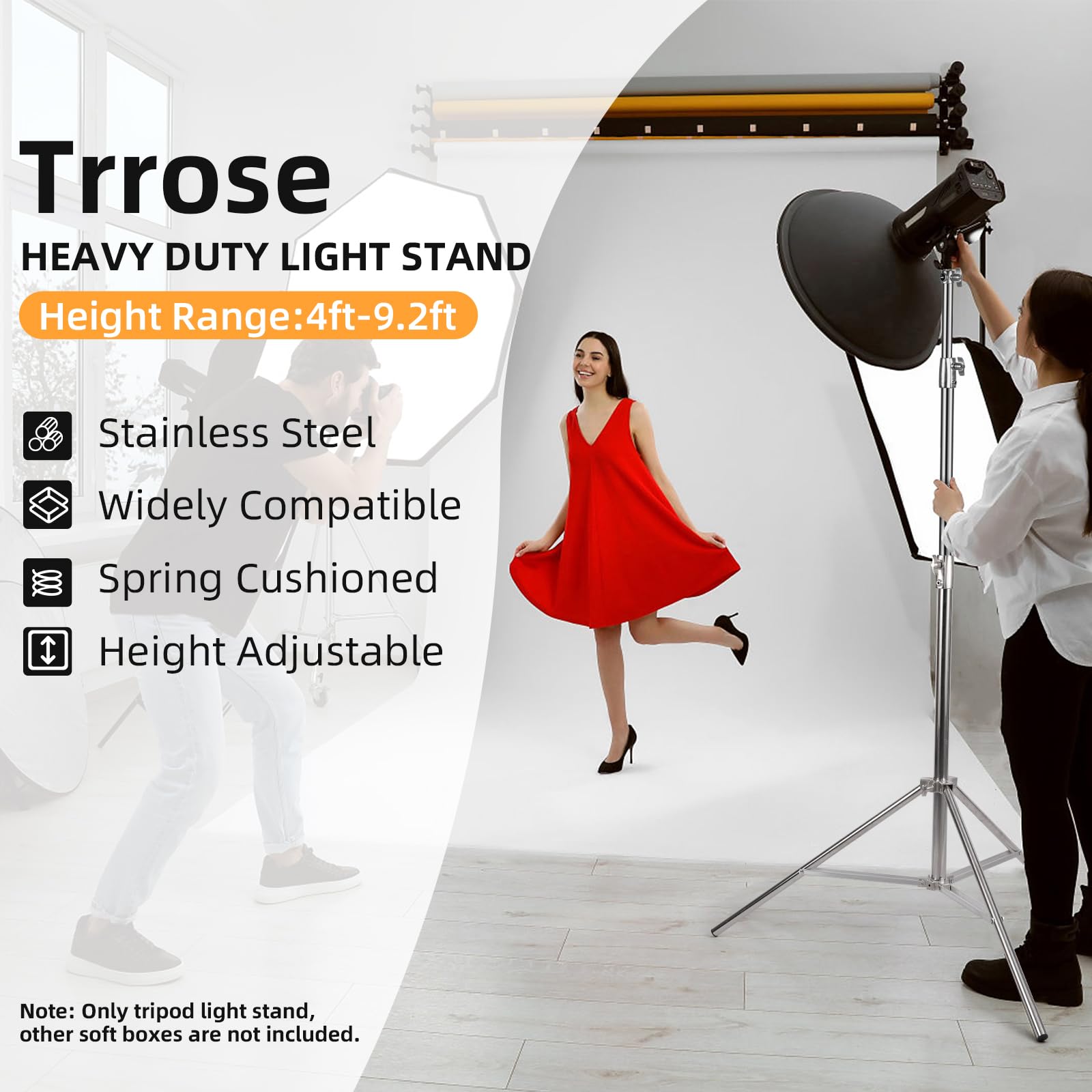 Trrose 9.2Ft/280Cm Heavy Duty Light Stand - Spring Cushioned Light Stand, High Stable Light Stand Photography With Carry Bag, Stand Light For Strobe Light, Softbox, Reflector, Ring Light And Flashes