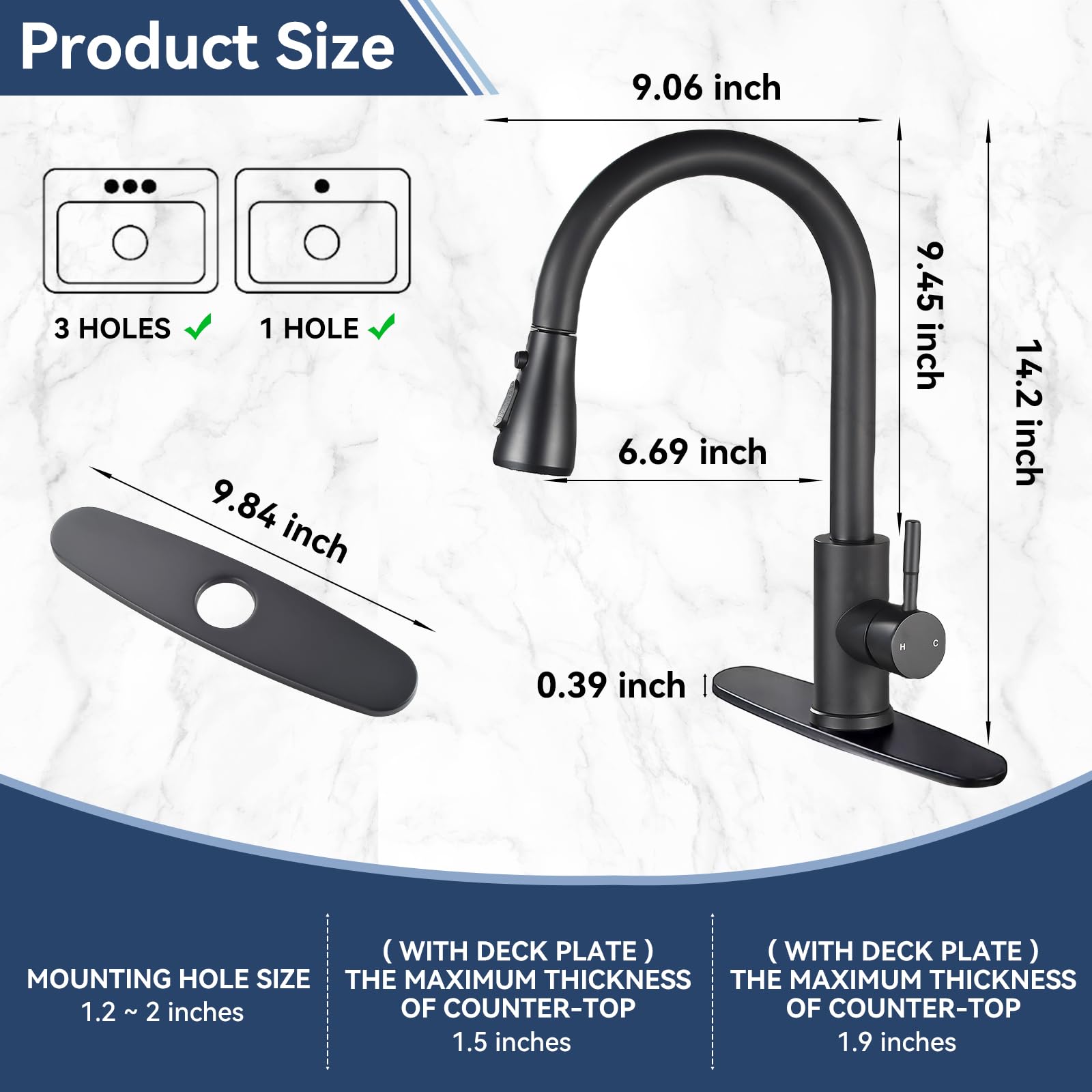 Jorilaisa Kitchen Faucet With Pull Down Sprayer Black 1 Or 3 Hole Single Handle Kitchen Sink Faucet,Grifos De Cocina, High Arc Stainless Steelmodern Faucet With Deck Plate Pull Out For Kitchen