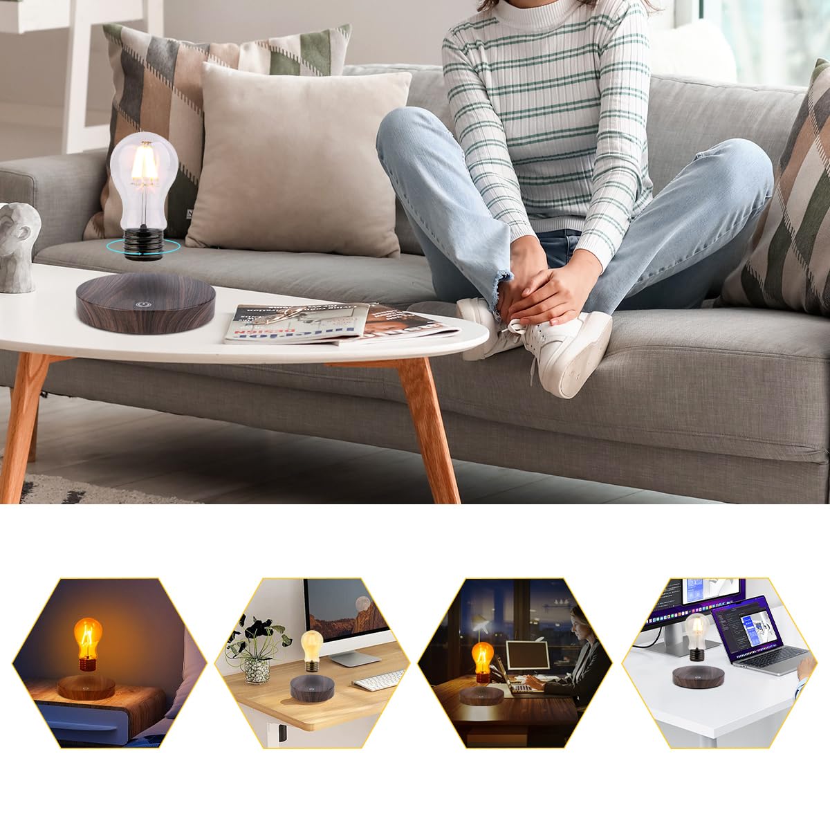 Vgazer Magnetic Levitating Floating Wireless Led Light Bulb Desk Lamp For Unique , Room Decor, Night Light, Home Office Desk Decor (Round Wooden Base A)
