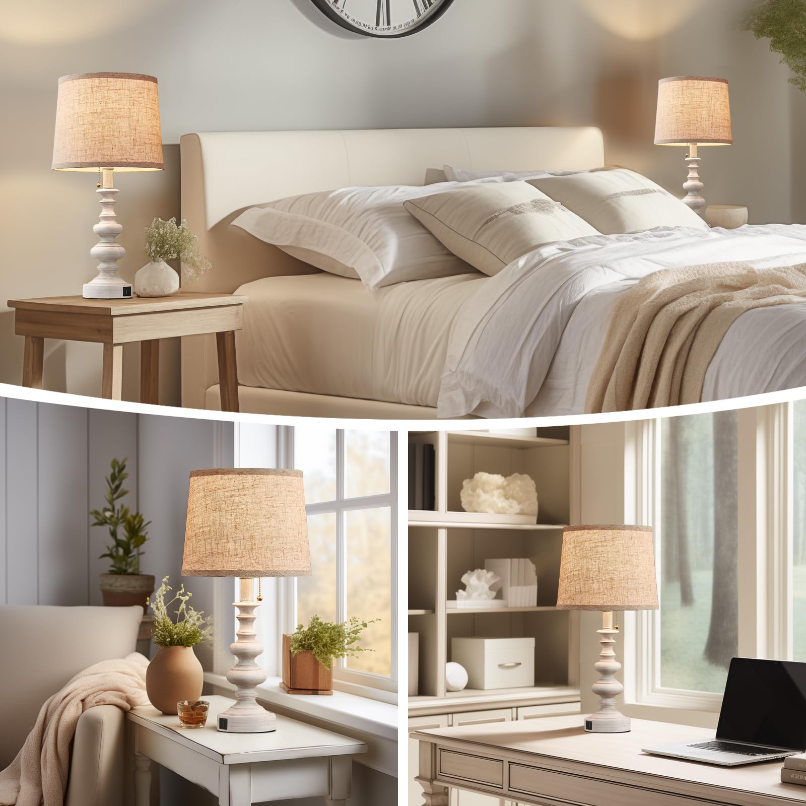 Bowobo 21'' Farmhouse Table Lamps For Bedroom Set Of 2 Rustic Bedside Lamps For Nightstand With Usb A+C Ports White Side Table Lamps For Living Room End Table Office Pull Chain