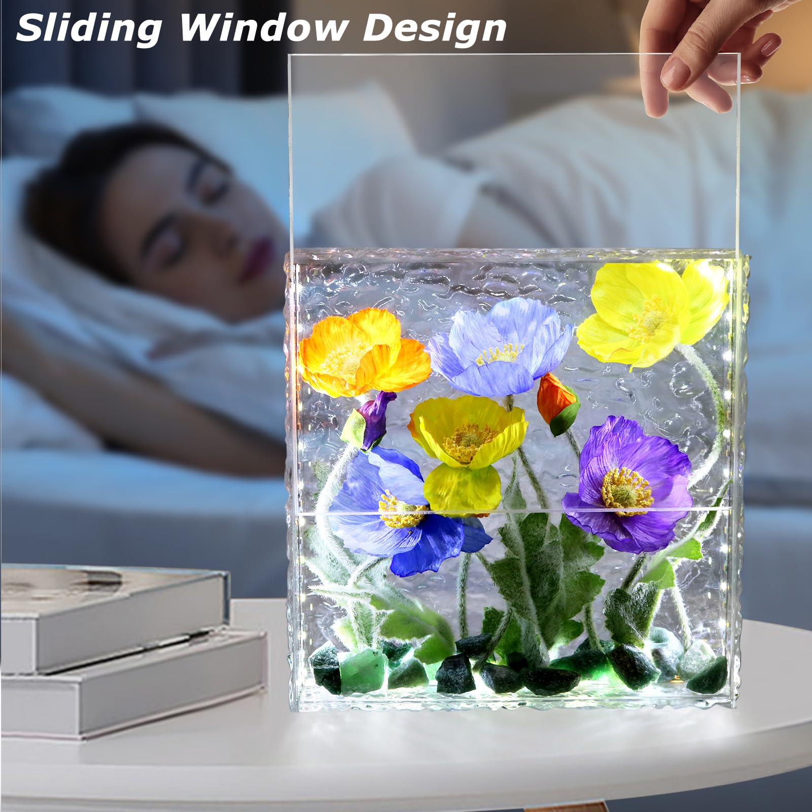 Smuk Handmade Led Artificial Flowers Lamp, 3-Way Dimmable Flower Table Lamp In Clear Acrylic Box, Unique Decorative Night Light For Bedroom Living Room, Flower Birthday For Women And Girls