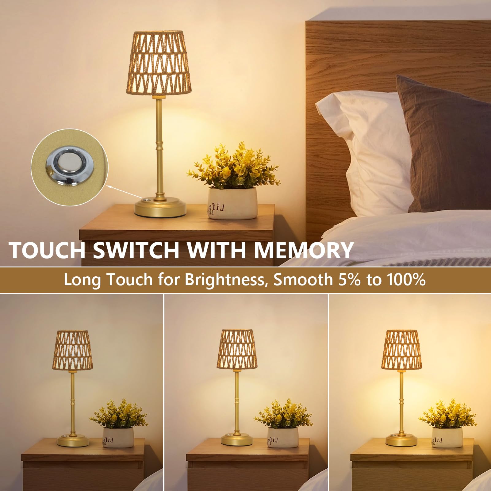 Eayaya Gold Rechargeable Rattan Cordless Table Lamp With Stepless Dimming & E12 Bulb, Touch Control Battery Powered Desk Lamp For Bedside, Nursery, Countertop, Bedroom