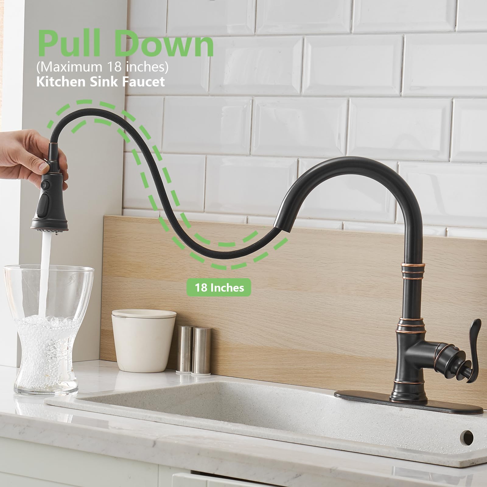 Bathlavish Bronze Kitchen Sink Faucet Oil Rubbed With Pull Down Sprayer Commercial Farmhouse Single Hole Single Handle With Hole Cover Plate Solid Brass