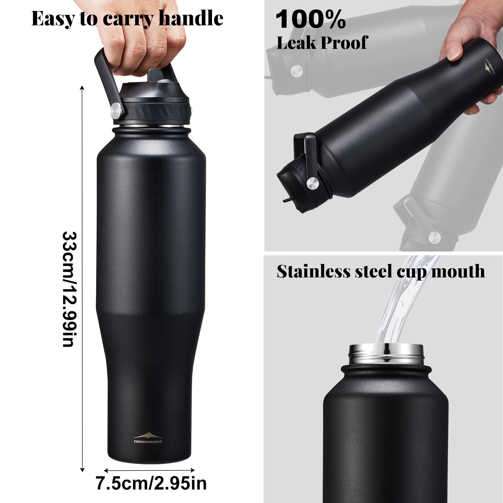40Oz Insulated Water Bottle Stainless Steel, Double Wall Vacuum Bottles With Straw/Spout Lids