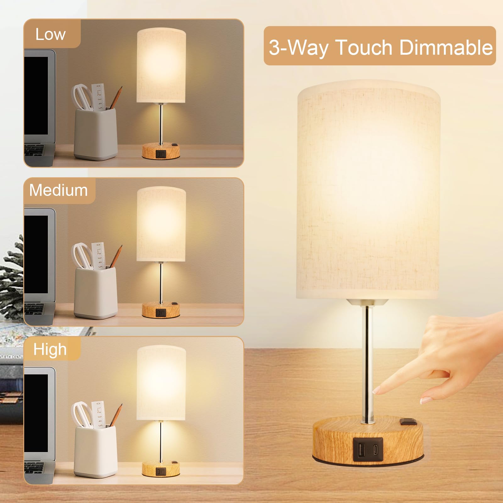 Novus Lighting Touch Table Lamp - 3 Way Dimmable Bedside Table Lamp With Usb-C Usb-A And Ac Charing Ports Wood Grain Base With Linen Lampshade E26 Bulb Included (Birch Wood Grain)