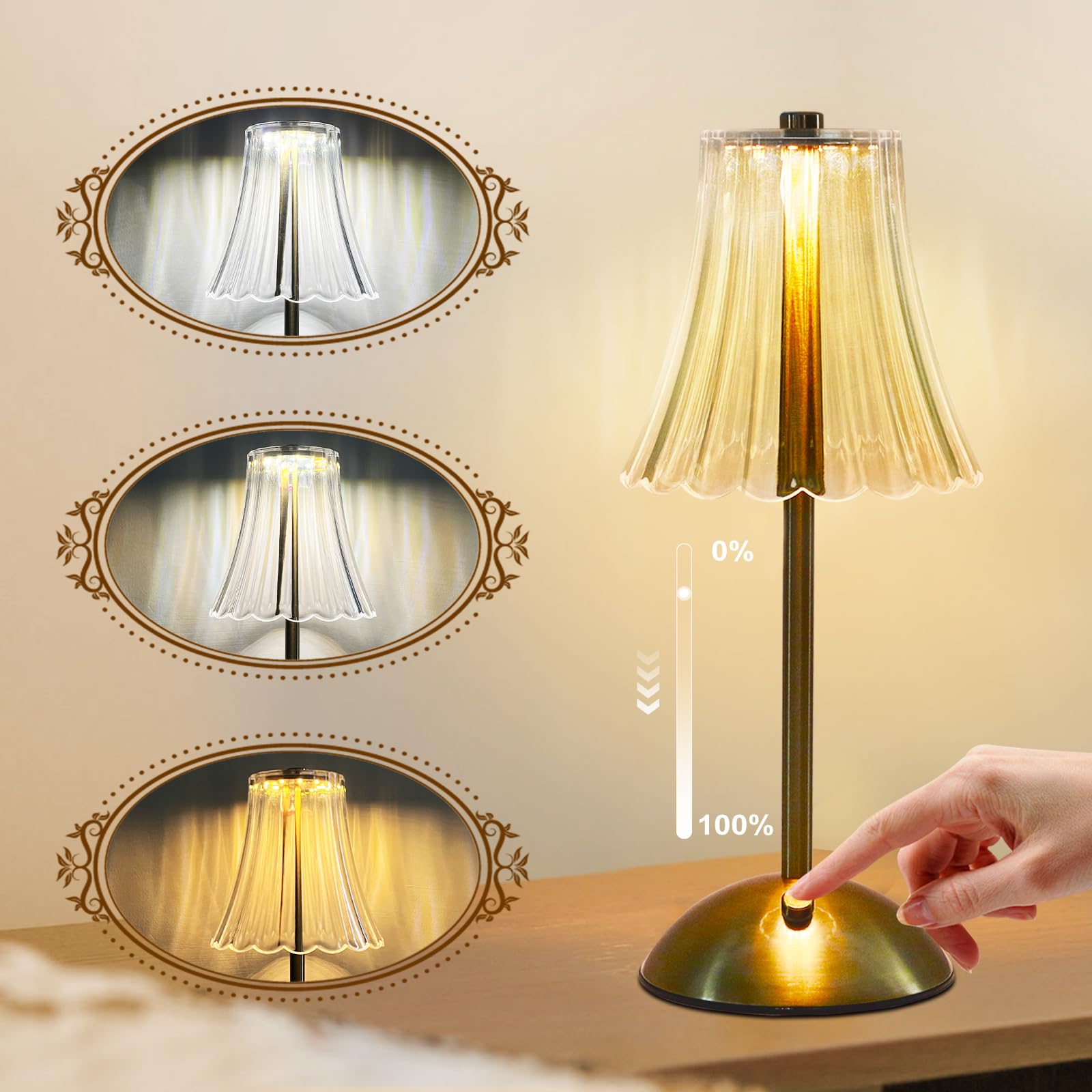 Hulknpee Cordless Table Lamp Rechargeable Decorative Bedside Lamps With Elegant Shade Led Desk Lamp 3 Colors Dimmable Table Lamp Nightstand Gold Vintage Lamps 12In