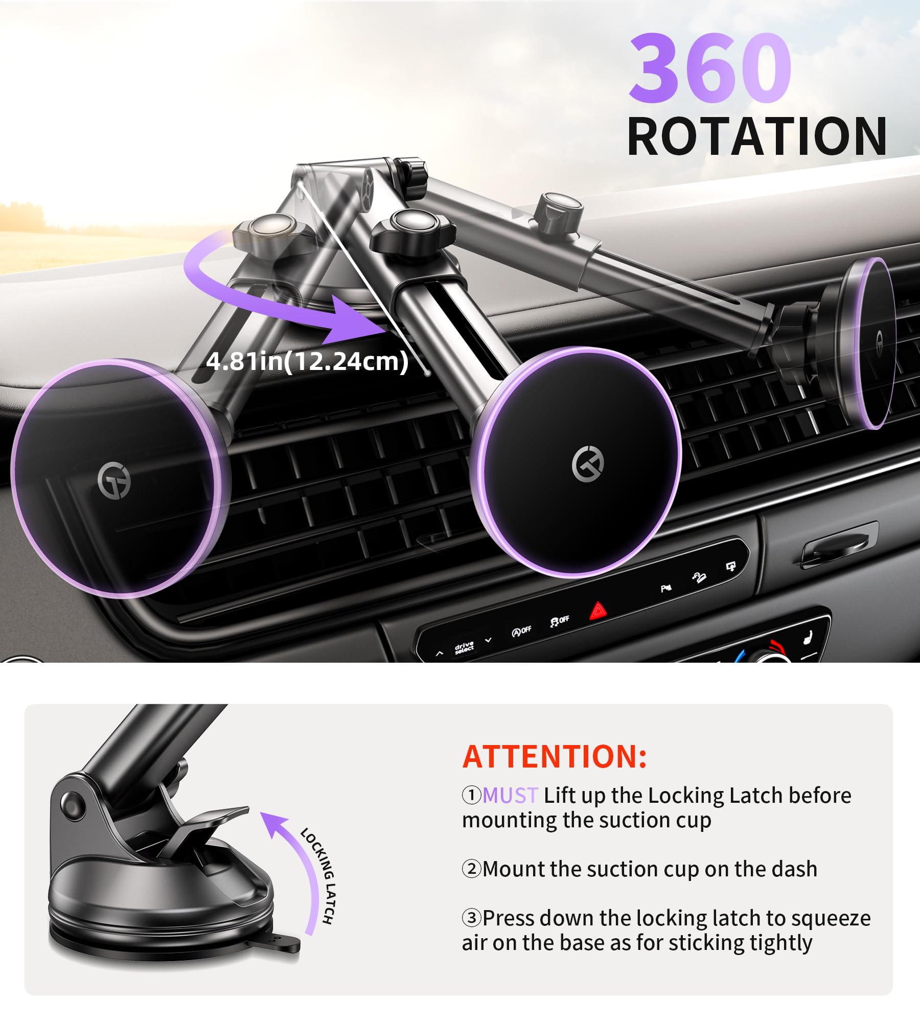 Gumosh For Magsafe Car Mount Charger Dash Vent Windshield Wireless Car Charger With Led Light, Strong Magnetic Phone Holder For Car For Iphone 16 15 14 13 12 Series, Fit Magsafe Accessories (Purple)
