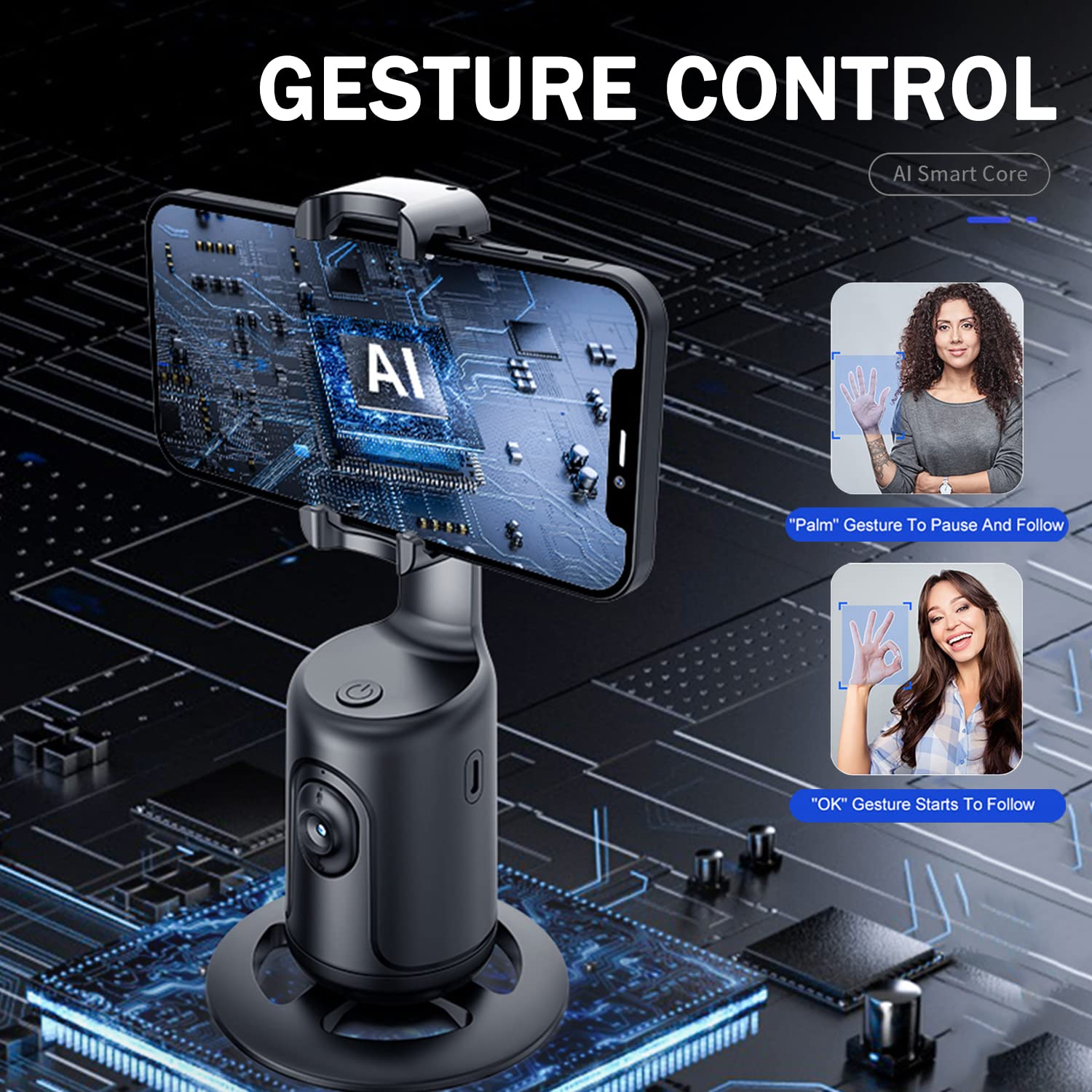 Afarer Auto Face Tracking Phone Holder Tripod, 360° Rotation Selfie Phone Stand,Smart Face & Body Tracking Camera Mount For Tiktok, Vlog, For Youtube Live Streaming - Black