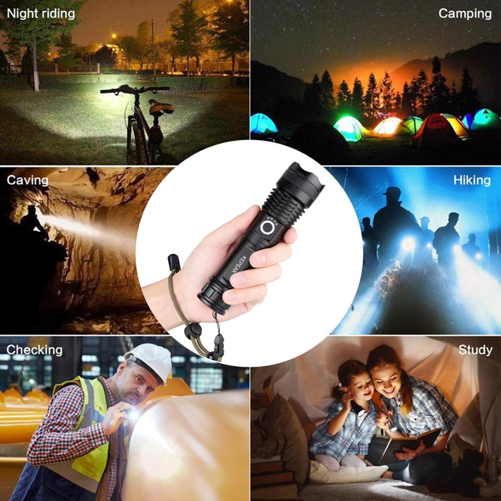 Kepeak Rechargeable Flashlights High Lumens, Super Bright Led Flashlight, Tactical Flashlights 5000 Lumens, Zoomable, 5 Modes, Waterproof, Handheld Flash Light For Camping, Hiking, Emergency