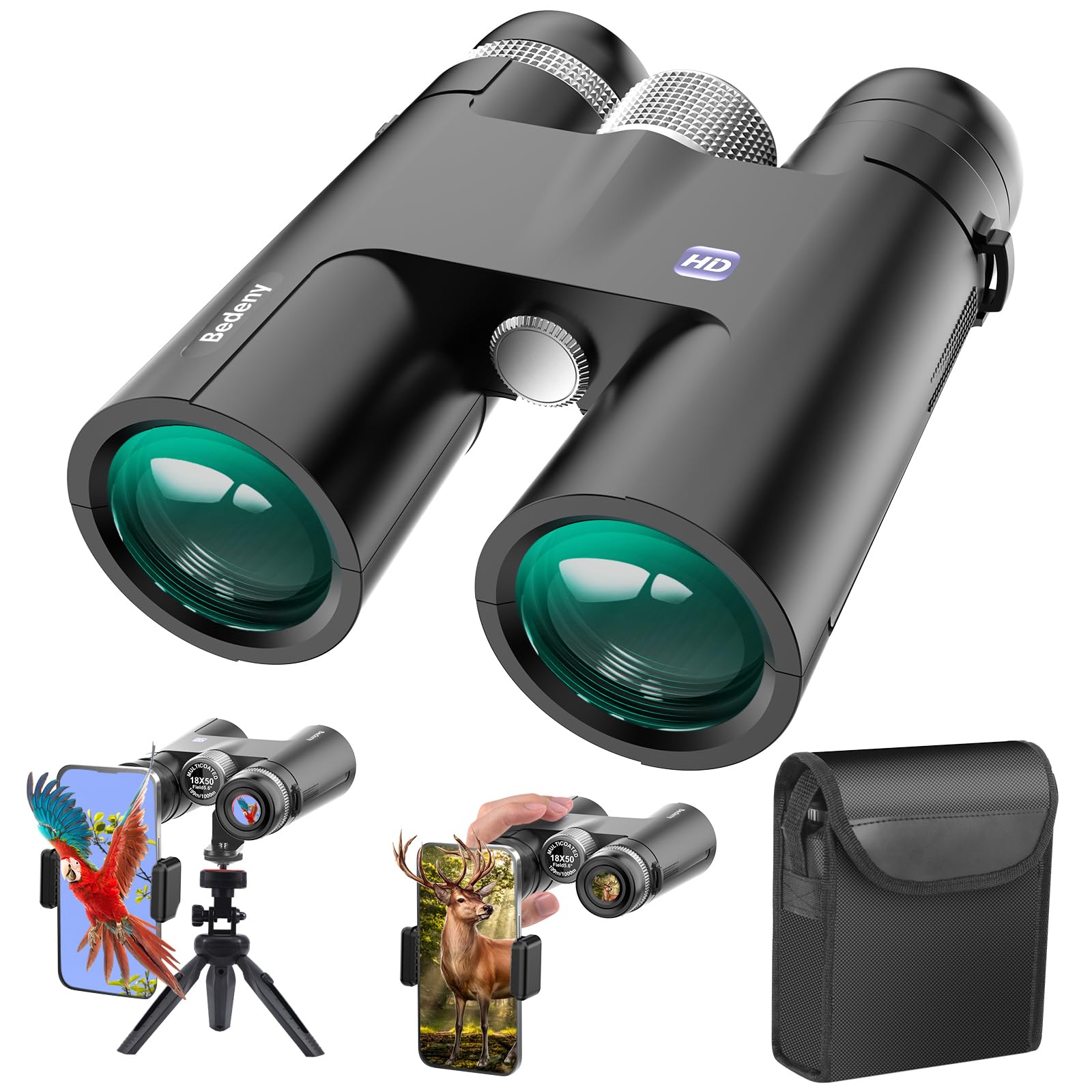 Bedeny 18X50 Hd Binoculars For Adults With  Phone Adapter, Tripod And Tripod Adapter - High Powered With Super Bright And Large View For Bird Watching,Hunting,Travel