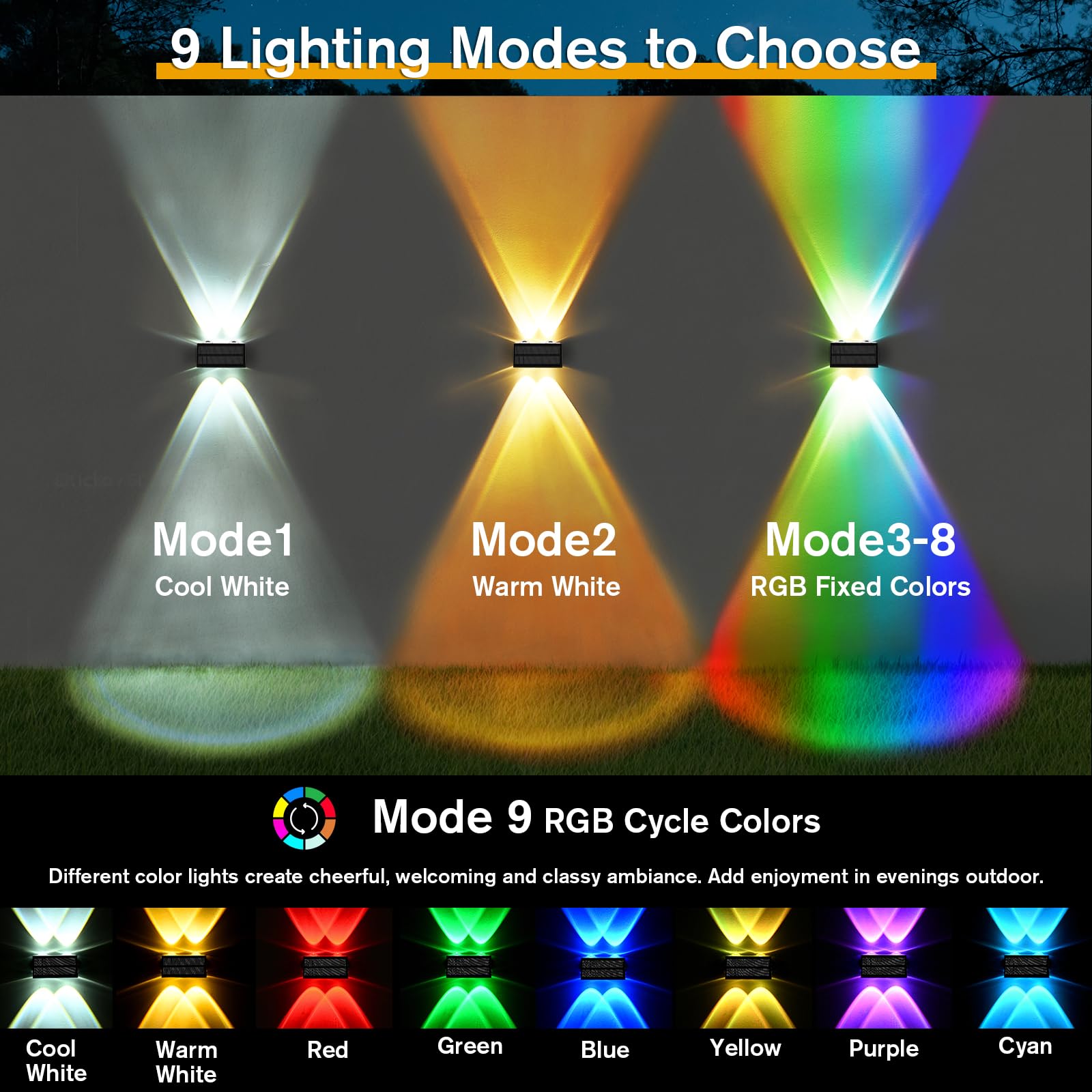 Uspring 4 Pack Solar Fence Lights With Warm/Cool White & 6 Rgb Color 9 Modes, Ultra Bright Up & Down Fence Lights Solar Powered Ip68 Waterproof Solar Light Outdoor For Yard Pool Porch Wall Patio