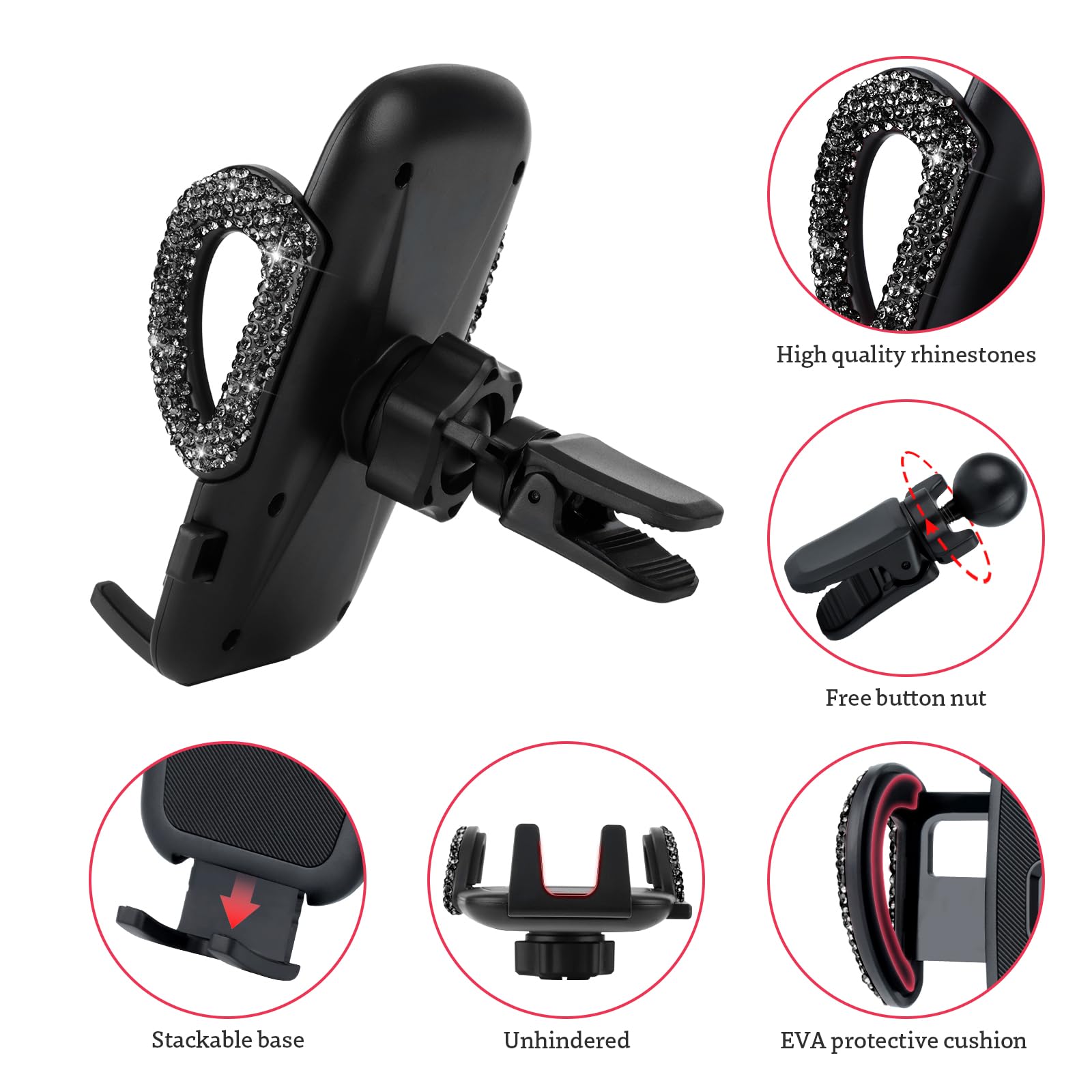 Eing Car Phone Mount Holder Dashboard Air Vent Windshield,Compatible With Iphone 12/11/11 Pro/8 Plus/8/Se/X/Xr/Xs/7 Plus Samsung S20/S10/S9/S8,Moto,Huawei,Nokia,Lg,Smartphones,Black