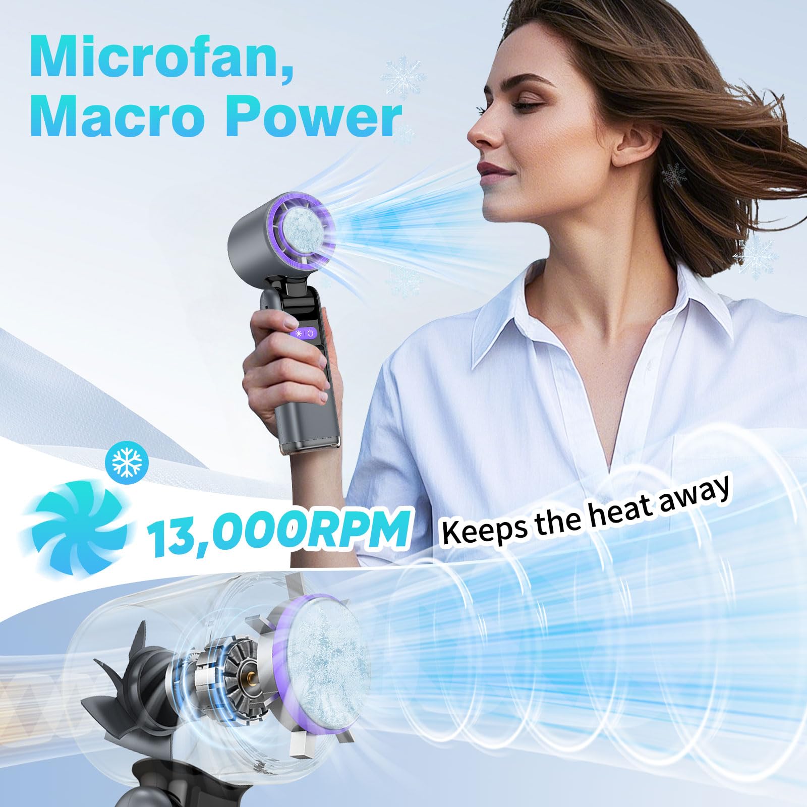 Portable Handheld Fan, 4000Mah Powerful Mini Fan With Light, 13H Max Ice Cooling Time Stepless Speed
