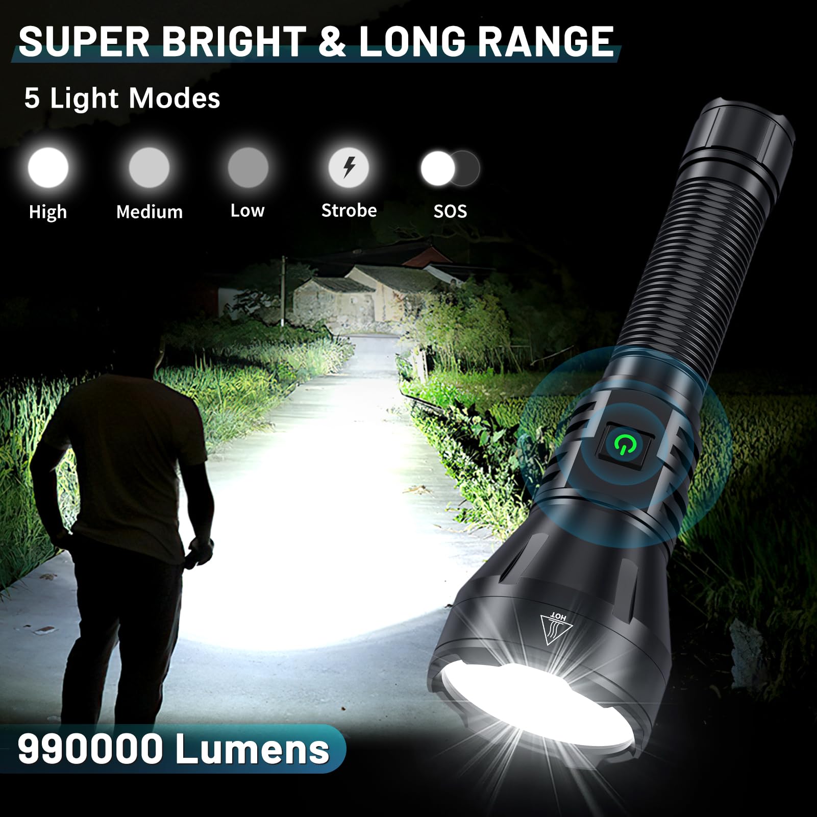 Driverwish Rechargeable Flashlights High Lumens, 990000 Lumens Super Bright Flashlight, 5 Modes Led Powerful Flashlight Adjustable & Waterproof, Versatile Utility Flashlight For Emergencies, Hiking, Camping