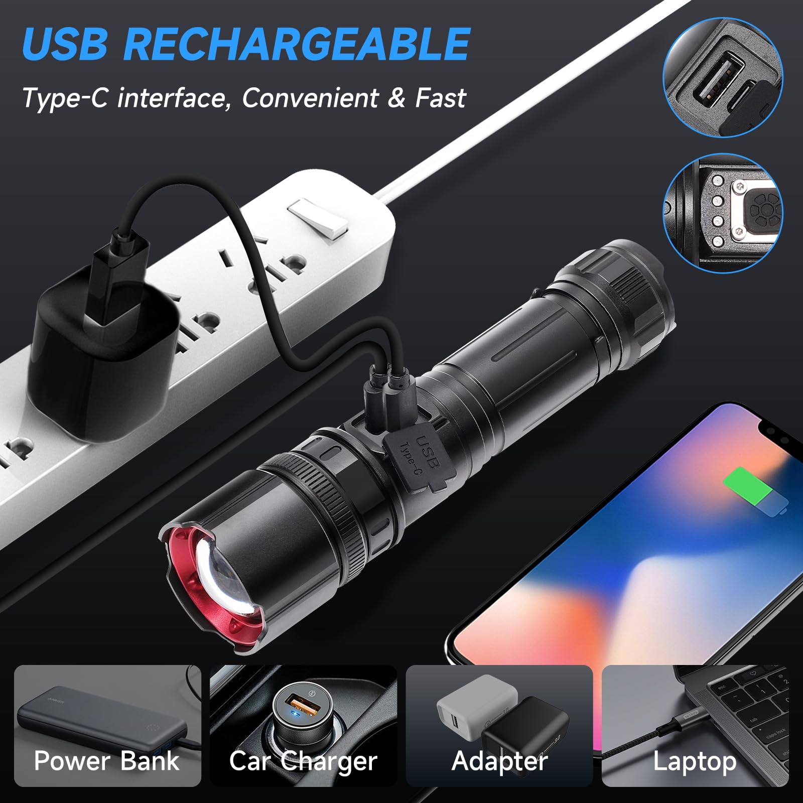 Unicumoo Rechargeable Flashlights High Lumens, Utility Flash Light Portable, 1000 Lumens Super Bright Led Flashlight Waterproof With Usb Cable, 5 Modes Zoomable Brightest Flashlights For Home/Outdoor