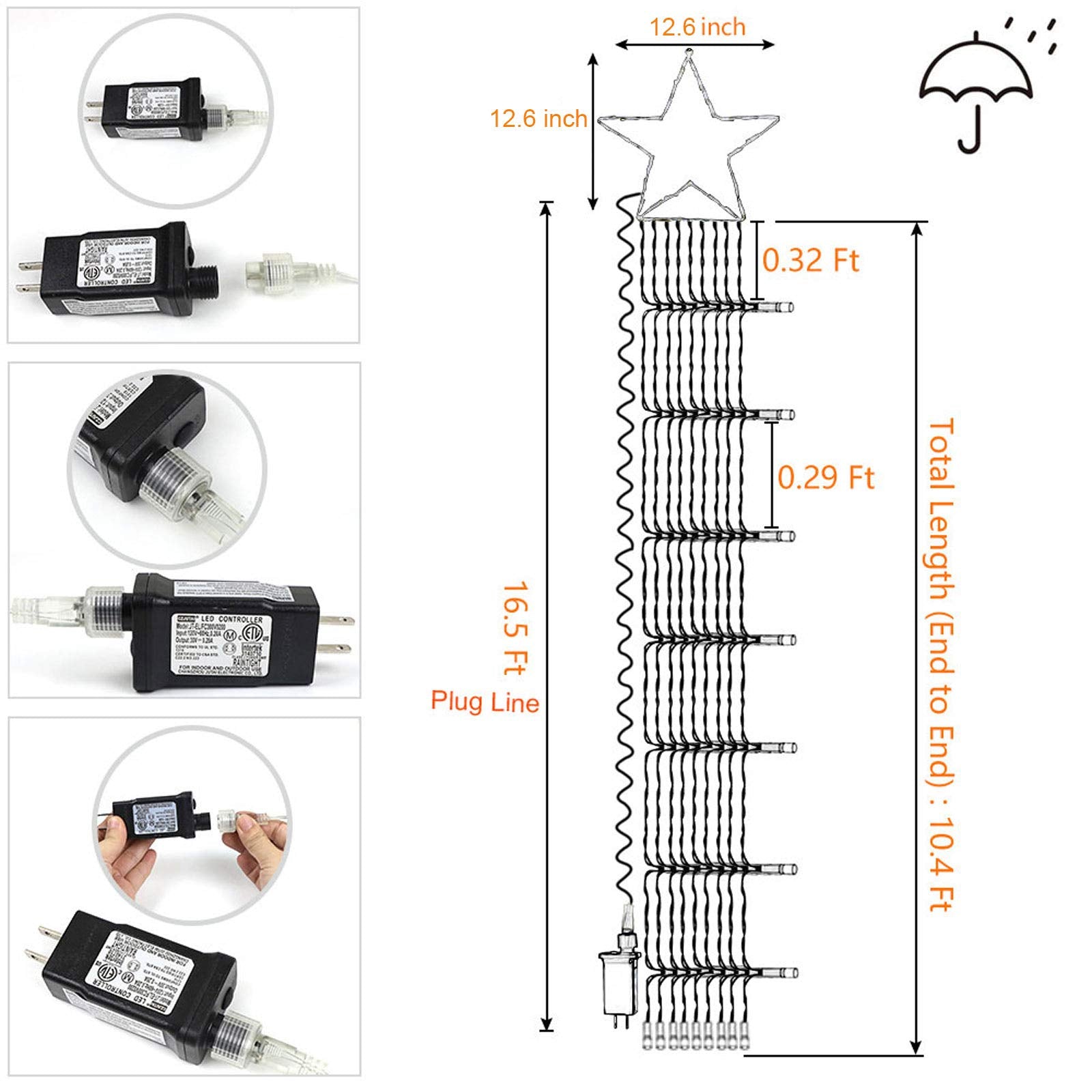 Funiao Christmas Decoration Lights, 320 Led Waterfall Christmas Tree Lights With 12" Star Topper, 8 Modes Indoor Outdoor String Lights For Yard, Party, Home, Holiday (Warm White)