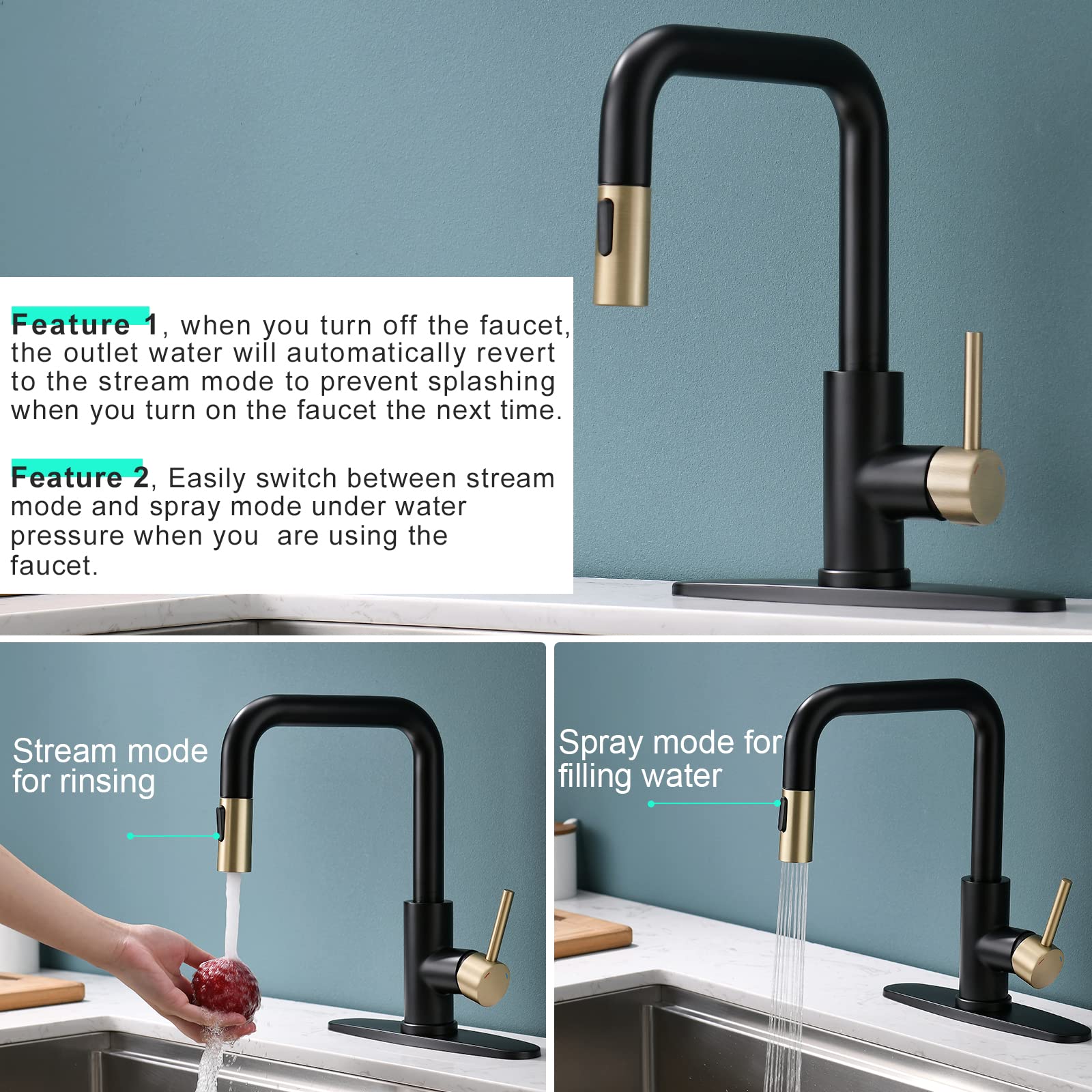 Tqkag Kitchen Faucet Single Handle Stainless Steel Kitchen Sink Faucet With Pull Out Sprayer Brushed Gold Sprayer And Handle