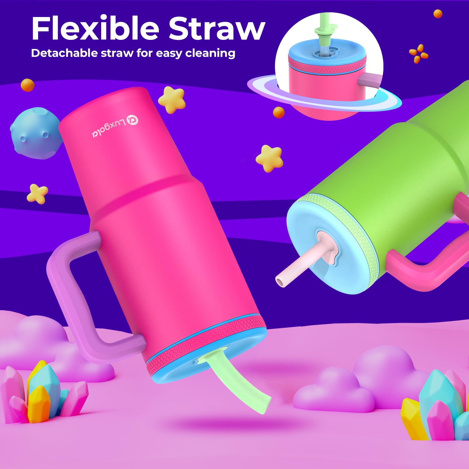 Kids 24 Oz Tumbler With Handle, Leak-Proof Screw-On Lid With Removable Silicone Straw, Spill Proof