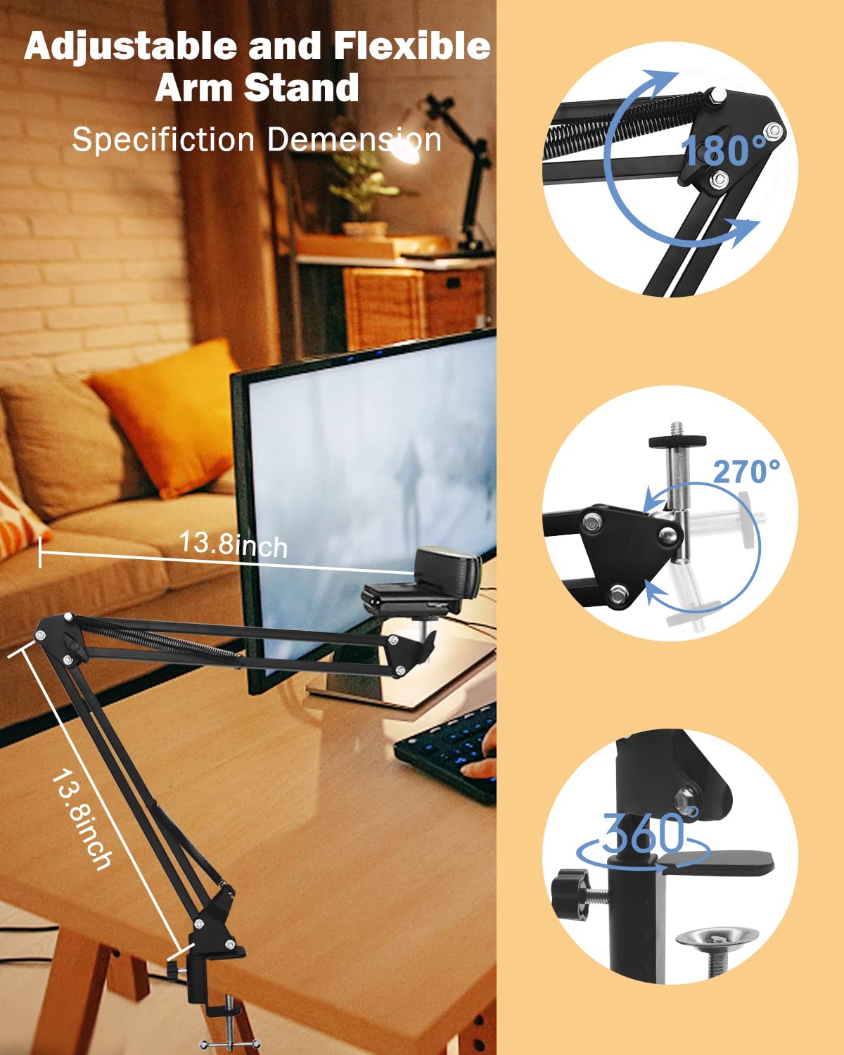 Boseen Webcam Stand Desk Mount - Suspension Boom Scissor Arm Webcam Holder With Desk Clamp Mount For Logitech Webcam C920 C922 C922X C920S C930E C930 C615 Brio 4K And Other Devices With 1/4" Thread