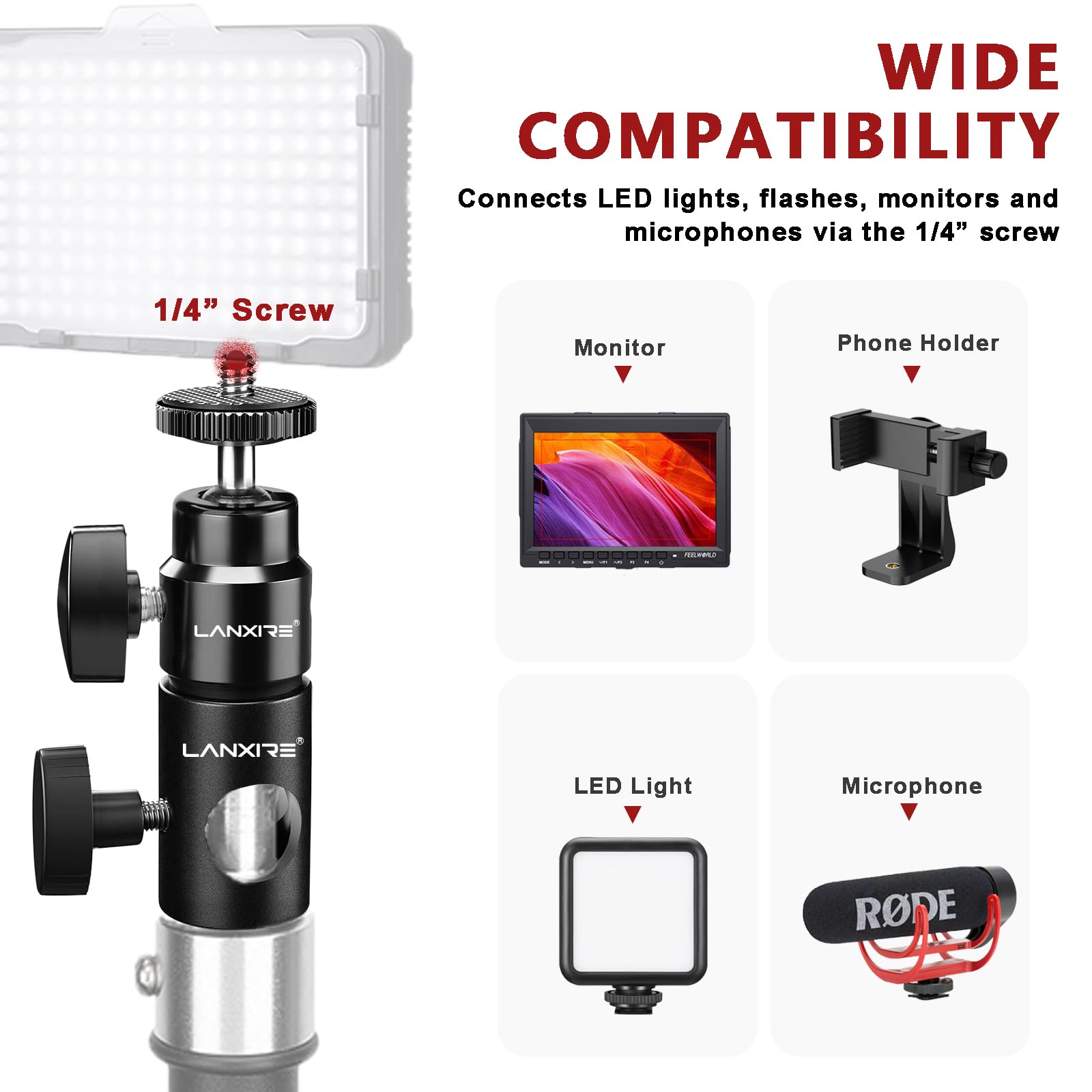 Lanxire Light Stand Mount Adapter With 1/4’’ Screw Mini Ball Head - Compatible With Camera Monitor, Ring Light, Fits Flat Head Light Stand, Boom Arm - Max Load Up To 4.4Lb/2Kg