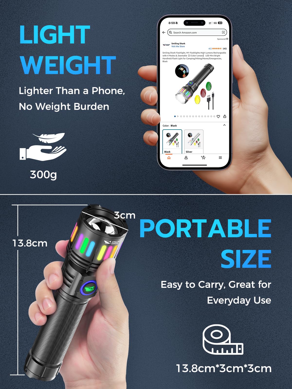 Smiling Shark Flashlight, M1 Bright Flashlights High Lumens Rechargeable Led With 4 Modes & Zoomable3 Color Lenses  Small Powerful Handheld Battery Flash Light For Home/Emergencies/Camping, Black