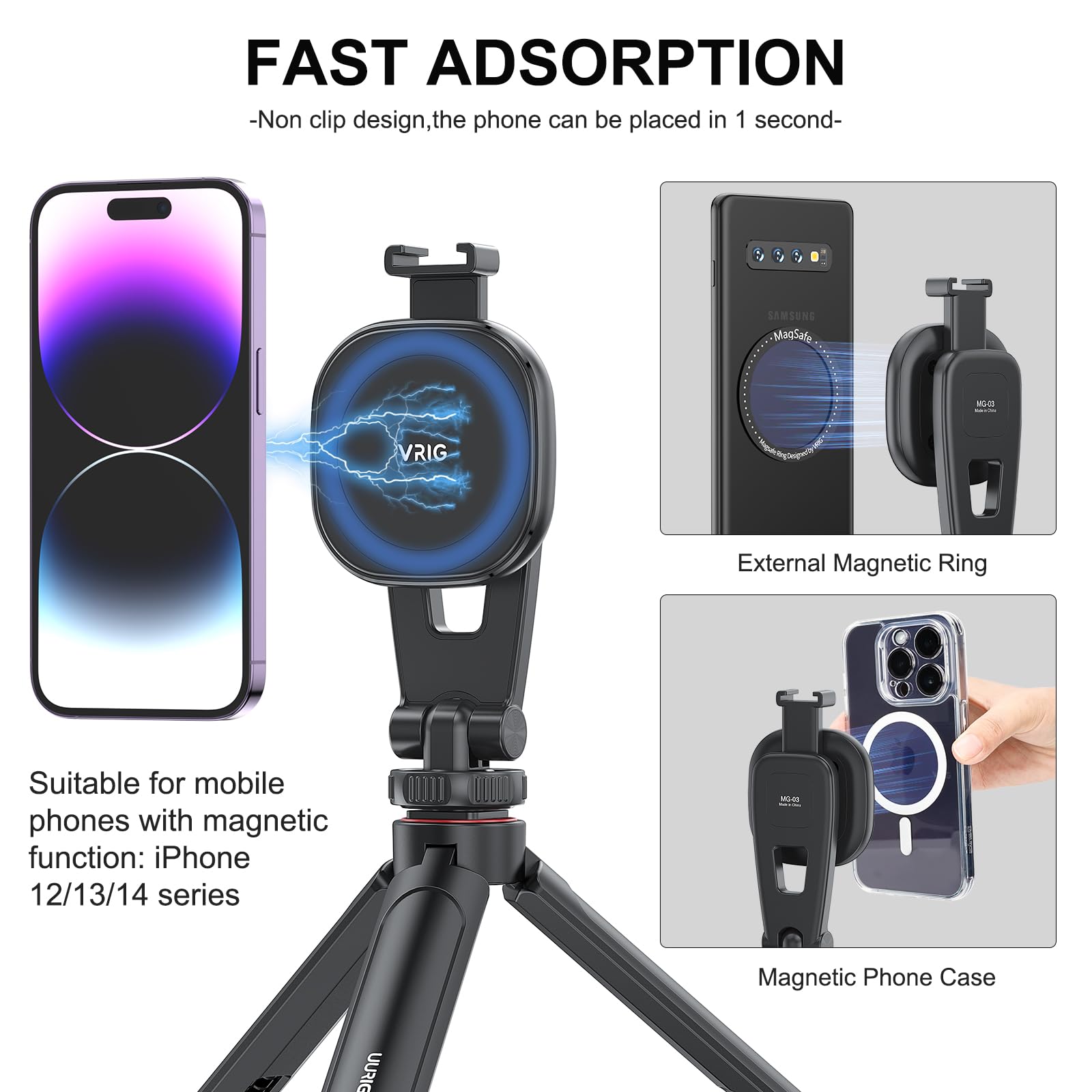 Vrig Mg-03 Magnetic Phone Tripod Mount,Tripod Mount For Magsafe Cold Shoe For Iphone.14.13.12 Series,Magnetic Ring Compatible With All Phones & All Cases,360° Rotation,For Tripods,Cameras