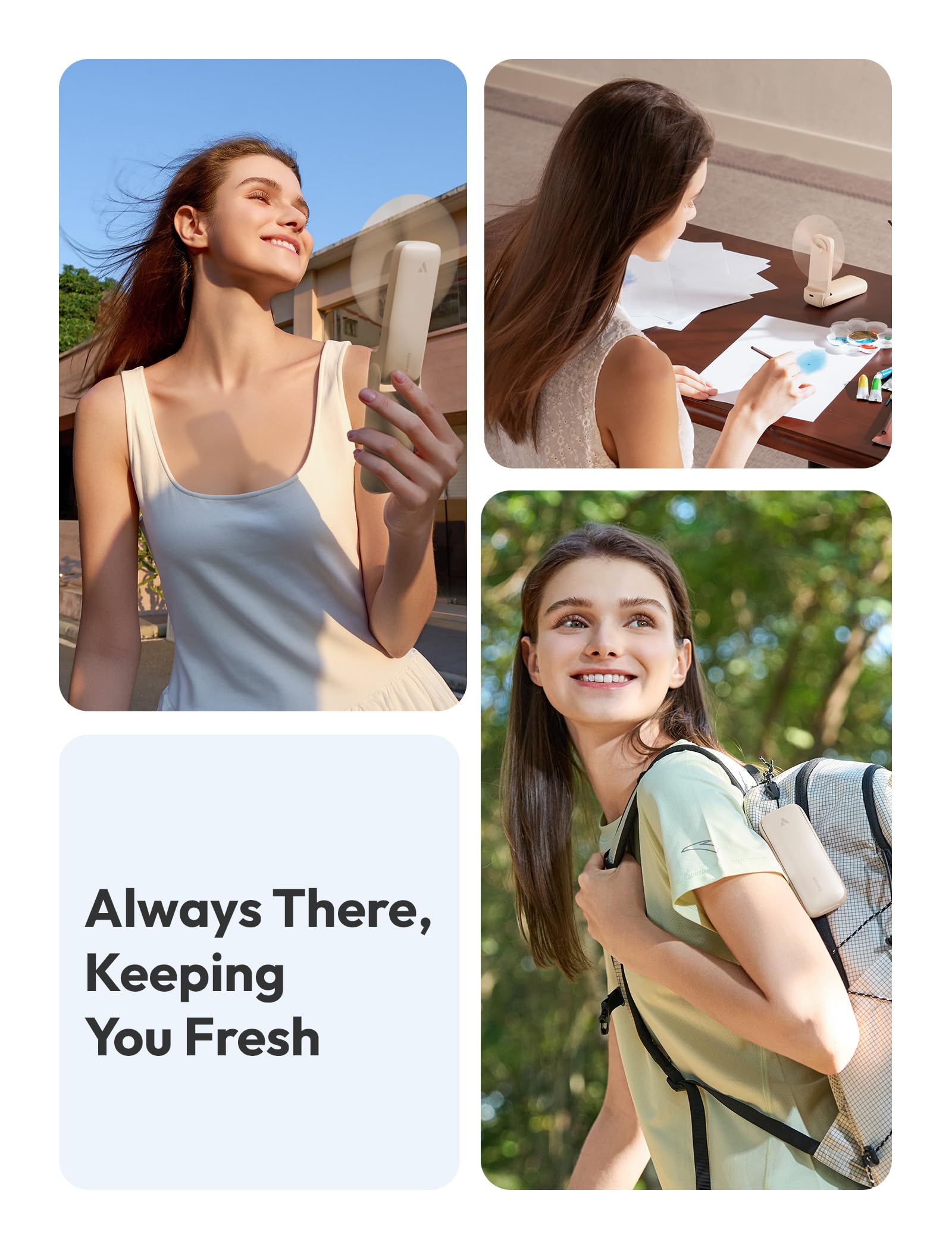 Portable Aecooly slim fan with USB recharge, perfect for long-lasting cooling during hot weather