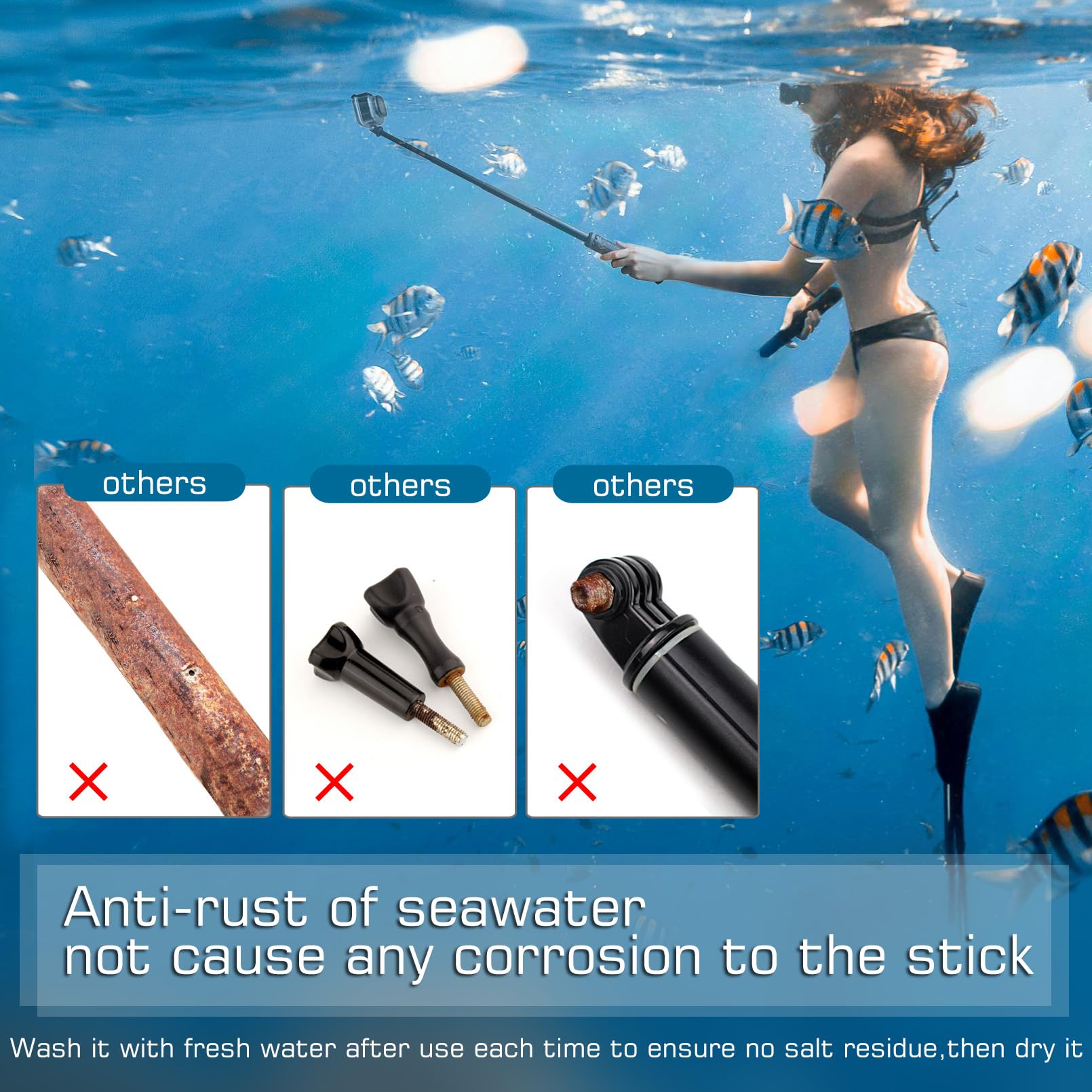 Gepuly 34''Waterproof Selfie Stick Underwater Tripod Pole Monopod For Phone Gopro Hero 13 12 11 10 9 8 7 6 5 4, Fusion, Akaso,Sjcam,Dji Action Cameras(3-In-1: Hand Grip,Selfie Stick,Tripod Stand)