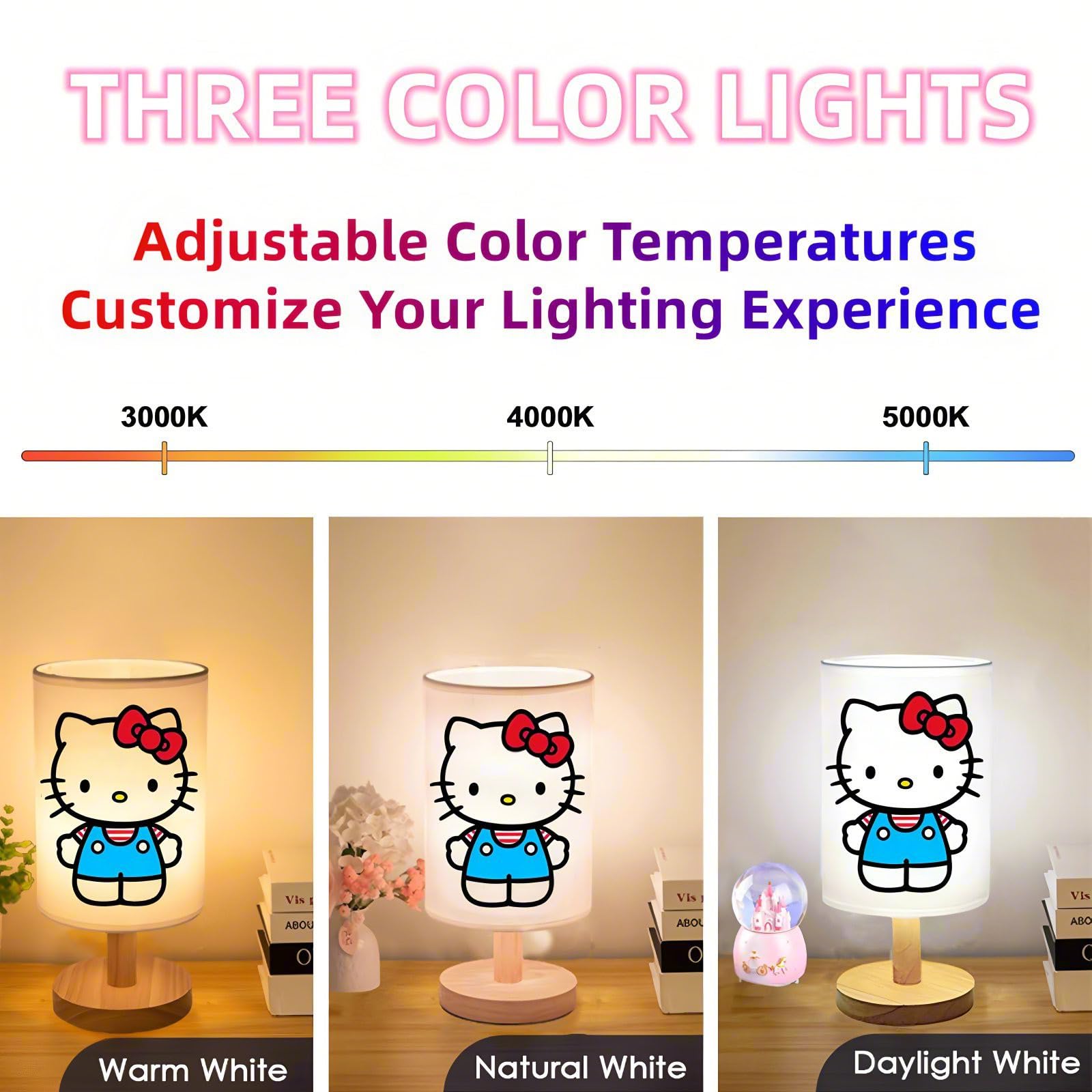 Dai-Congyue Kitty Bedside Table Lamp For Bedroom,Kitty -3 Colors Nightstand Night Light Lamp With Led Bulb,Wood Base Round Flaxen Fabric Shade Desk Reading Lamp For Kids Room,Holiday For Girls Boys (B)