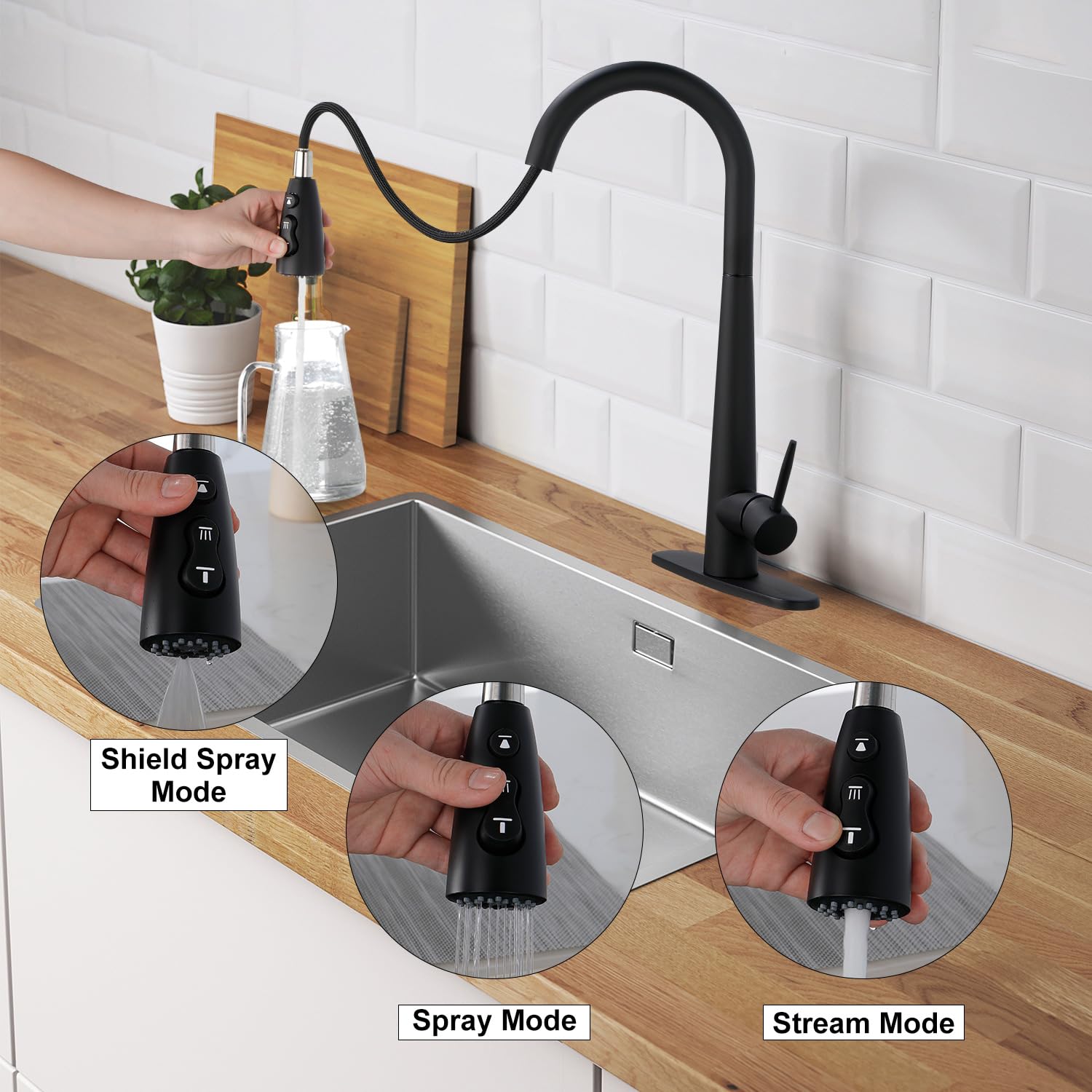 Vacolitel Single Hole Deck Mount Kitchen Sink Faucet With Pull Out Sprayer (Matte Black)