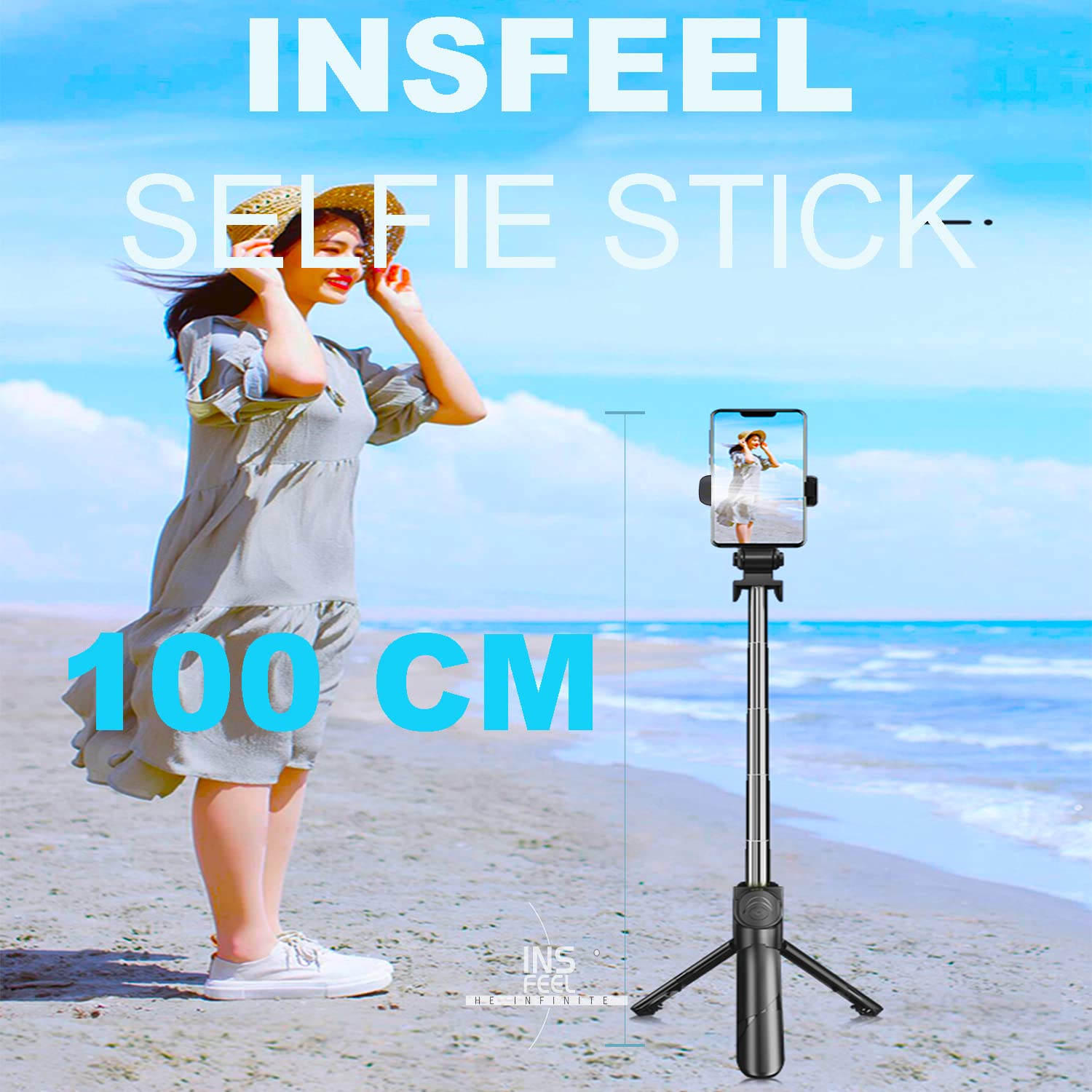 Insfeel Selfie Stick Tripod With Remote - Portable Bluetooth Travel Cell Phone Stand Compatible For Iphone 14/13/12/11 Pro/Xs Max/Xs/Xr/X/8/7, Samsung Galaxy, Android Smartphone (S-Black)
