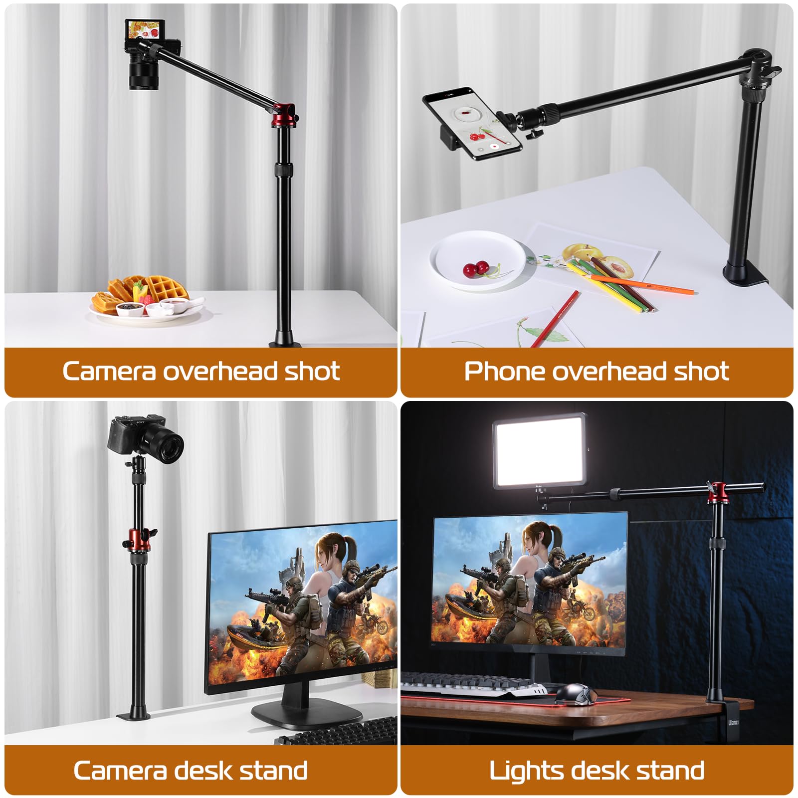 Jusmo Mt-88 Overhead Camera Mount Desk Stand Phone Holder For Video Recording, Horizontal/Vertical Switching, Aluminum 4-Sections Light Stand For Dslr, Cameras, Phones, Lights, Max Load 13.23Ibs