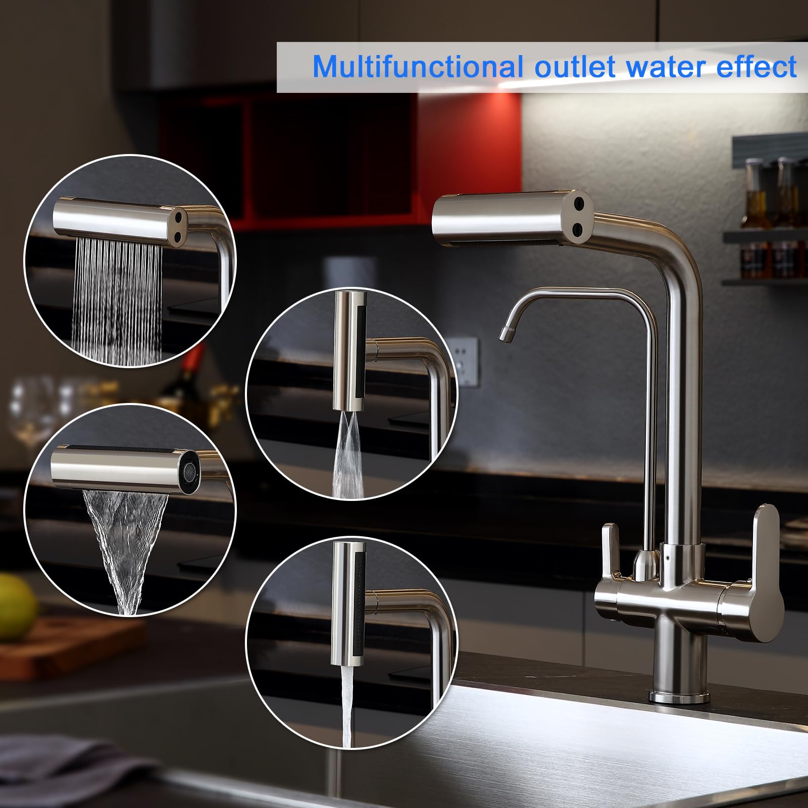 Tsibomu 3 Way Kitchen Faucet, Pull Out Kitchen Faucet With 3-Function Sprayer, Dual Handles Kitchen Sink Faucet With Water Filter Purifier Spout, Brushed Nickel