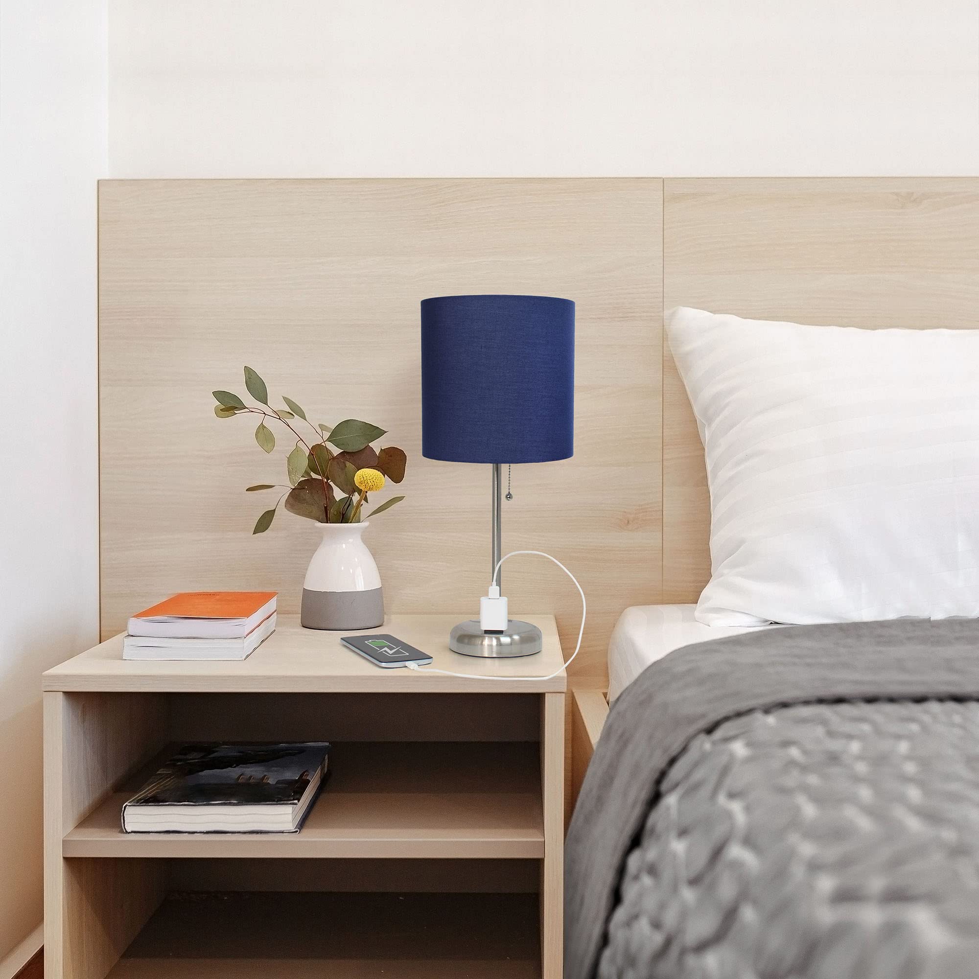 Creekwood Home Oslo 19.5" Contemporary Bedside Power Outlet Base Standard Metal Table Desk Lamp In Brushed Steel With Navy Blue Drum Fabric Shade