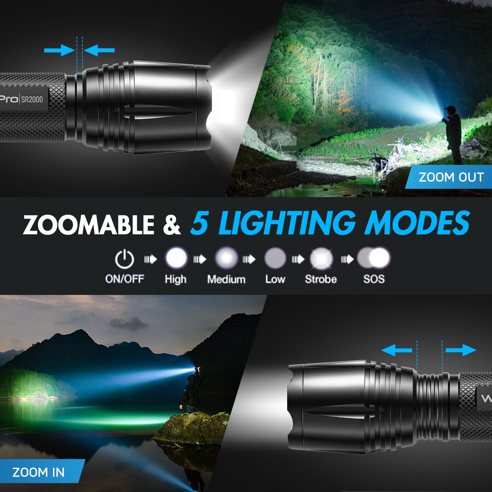Wdtpro Led Flashlight High Lumens Sr2000 Pro, 2 Pack Brighter Tactical Flashlights With 5 Modes & Zoomable, Powerful Mini Flash Light For Emergency, Camping, Hiking (Black)