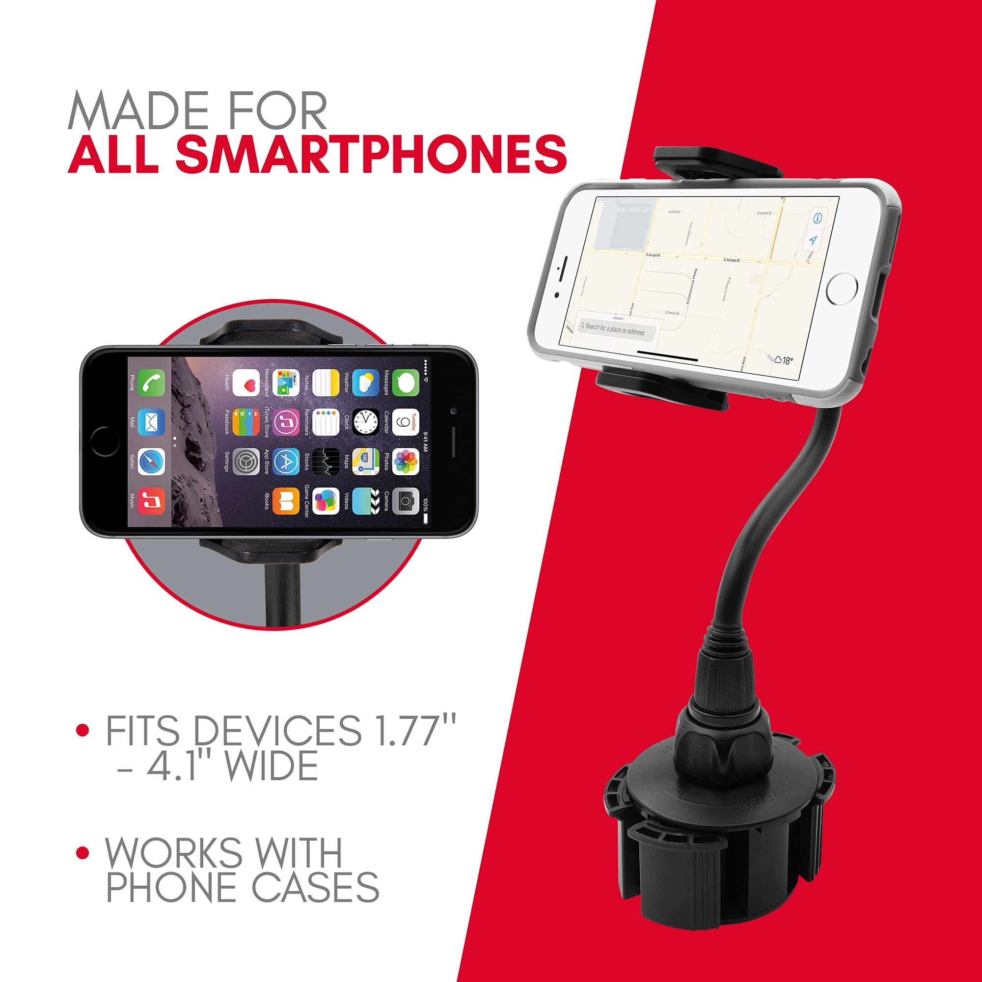 Macally Car Cup Holder Phone Mount - 8” Long Flexible Gooseneck Cell Phone Holder Car Cup Holder With 360° Adjustable Holder - Universal Cup Phone Holder Fits With/Without Case Up To 4.1” Wide
