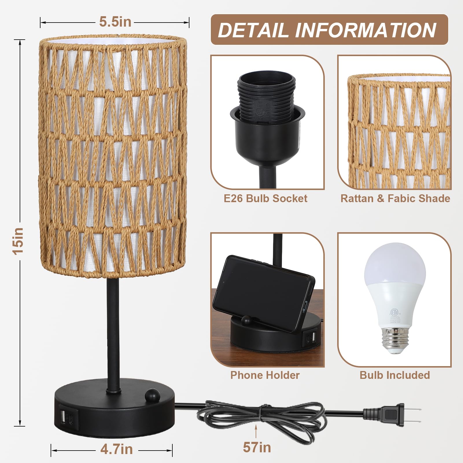 Eayaya Touch Table Lamp Set Of 2 For Bedroom With Bulb, Boho Small Desk Lamp For Living Room With Rattan & Linen Shade, 3 Way Dimmable Bedside Table Lamp For Nightstand With Usb Charging Port & Phone Stand