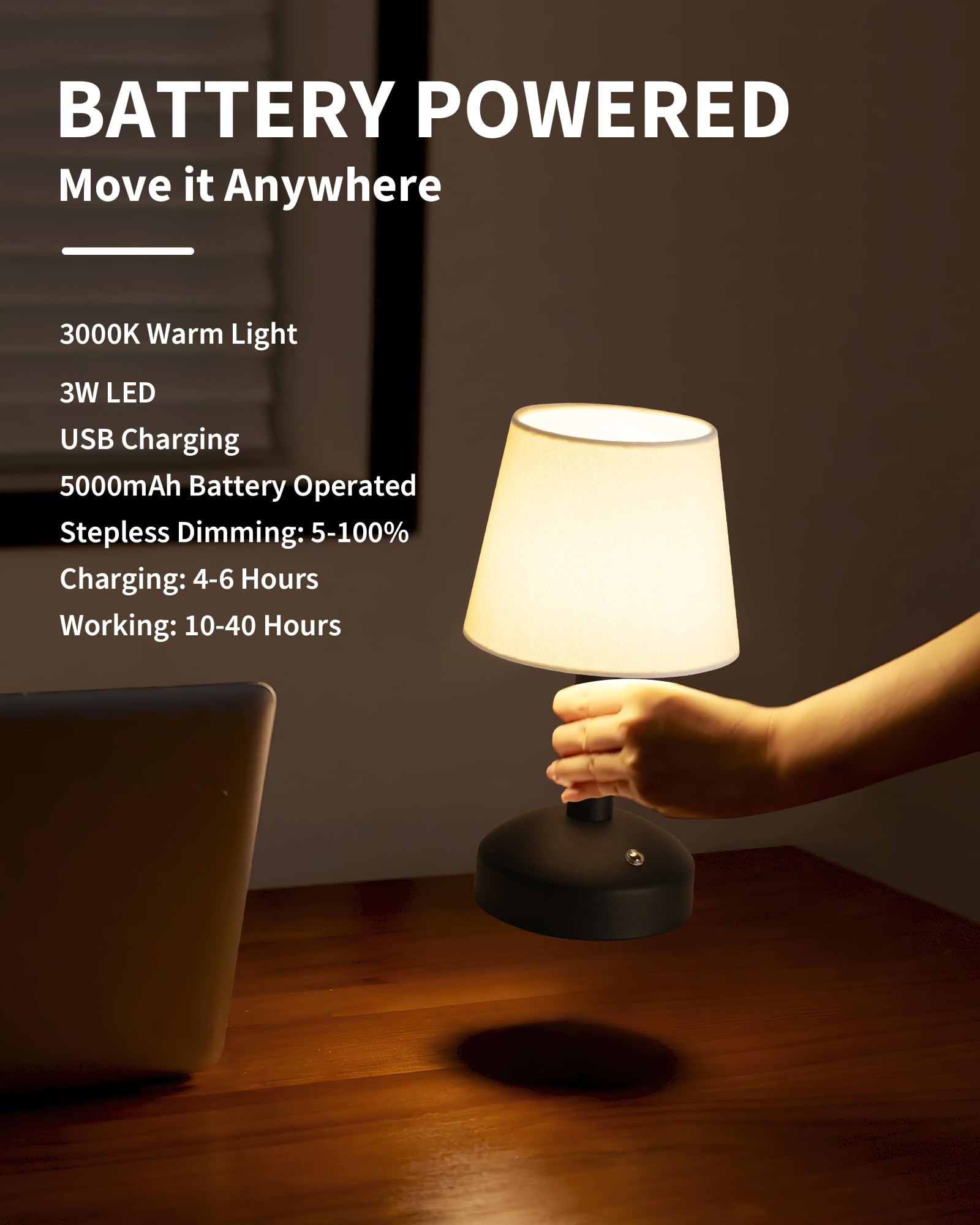 Kdg Modern Cordless Small Table Lamp Set Of 2, Portable Led Fabric Shade Desk Lamps, 5000Mah Rechargeable Battery Operated Lighting For Bedroom, Bedside, Bar, Living Room, Dining Room (Black)