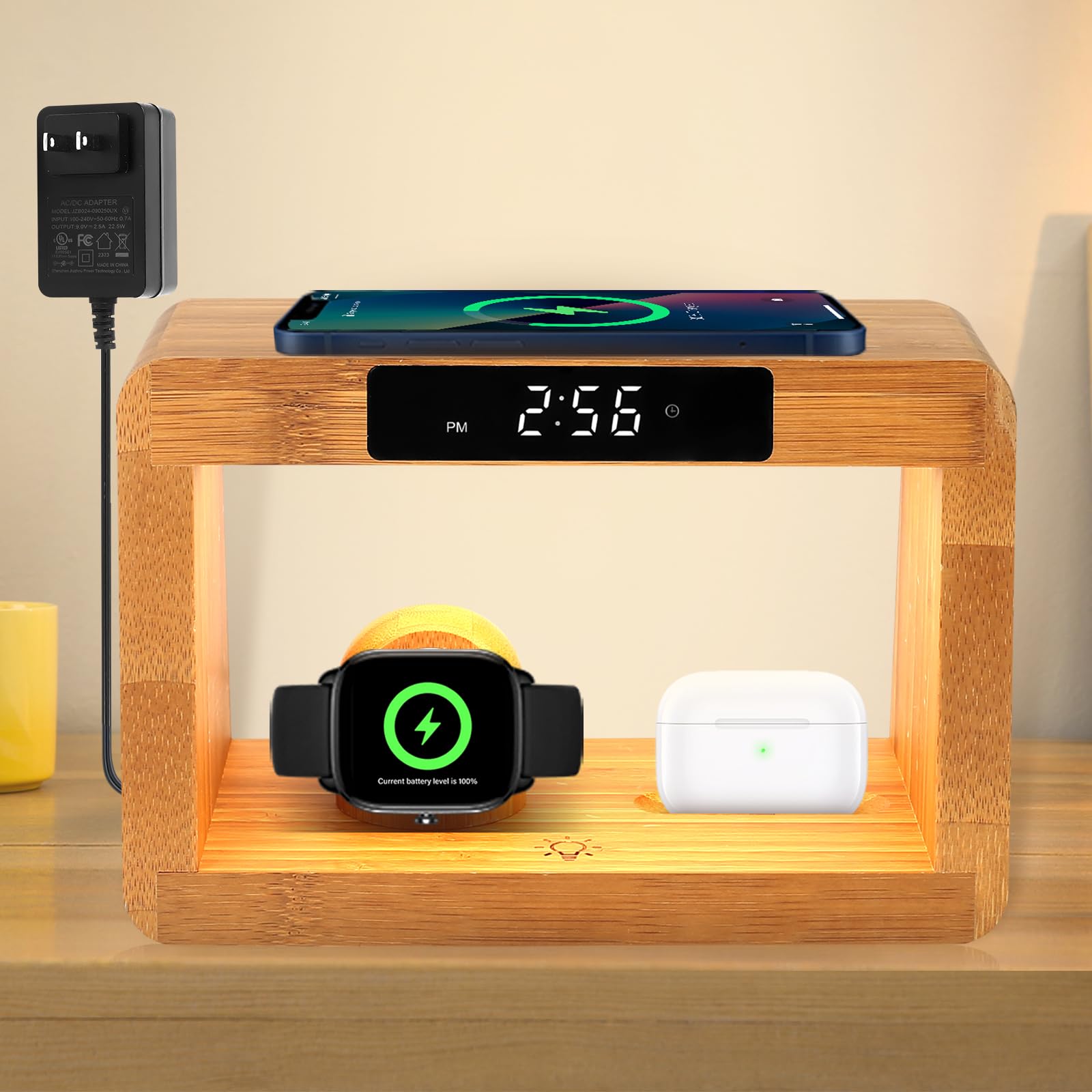 Hqobzx Wooden Bedside Table Lamps For Bedroom With Wireless Charger, Nightstand Lamp With Charging Station, 3 Night Light Modes Dimmable Touch Bedside Lamps With Alarm Clocks Lamps For Night Stands