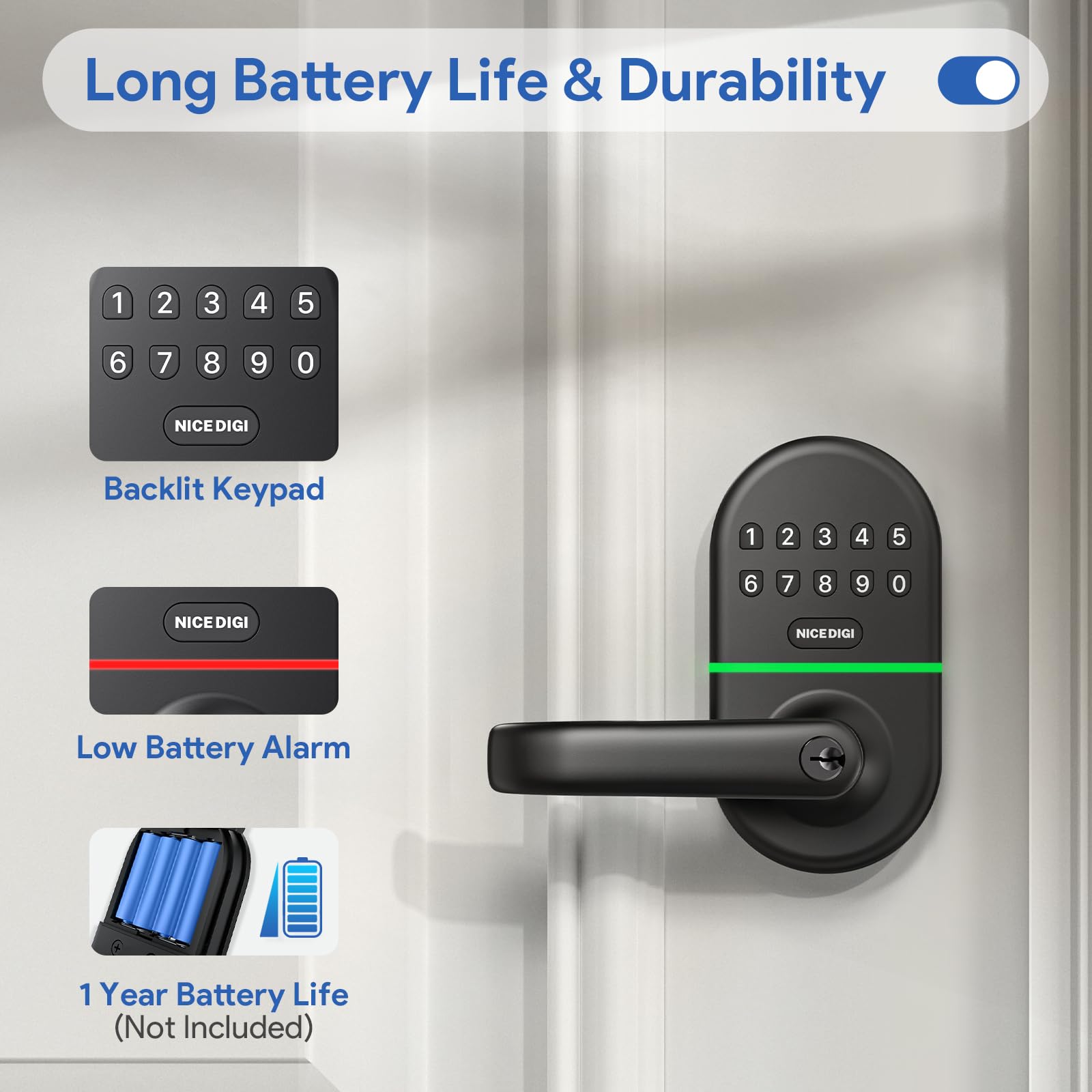 Nice Digi Smart Keypad Door Lock With Handle: Keyless Entry Digital Lock For Front/Interior Door, Electronic Code Knob, Easy Installation