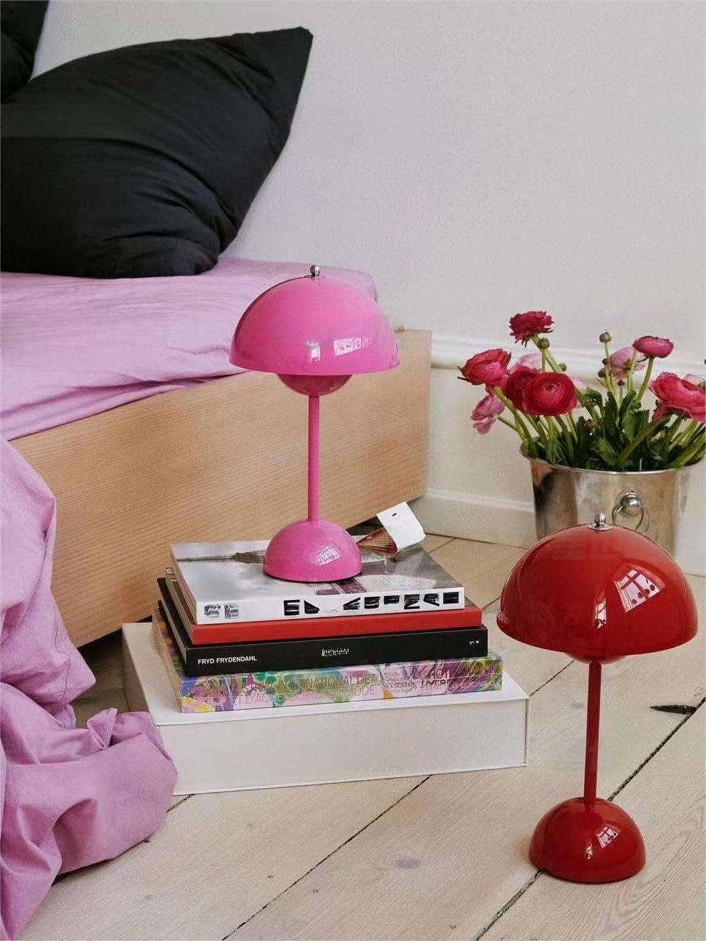 Cyggll Flowerpot Lamp Modern Flower Bud 12" Cordless Touch Dimmable 2600Mah Rechargeable Desk Lamps Nordic Minimalist Mushroom Lamps Retro Nightstand Bedside Lamp For Bedroom Living Room(Vermilion Red)